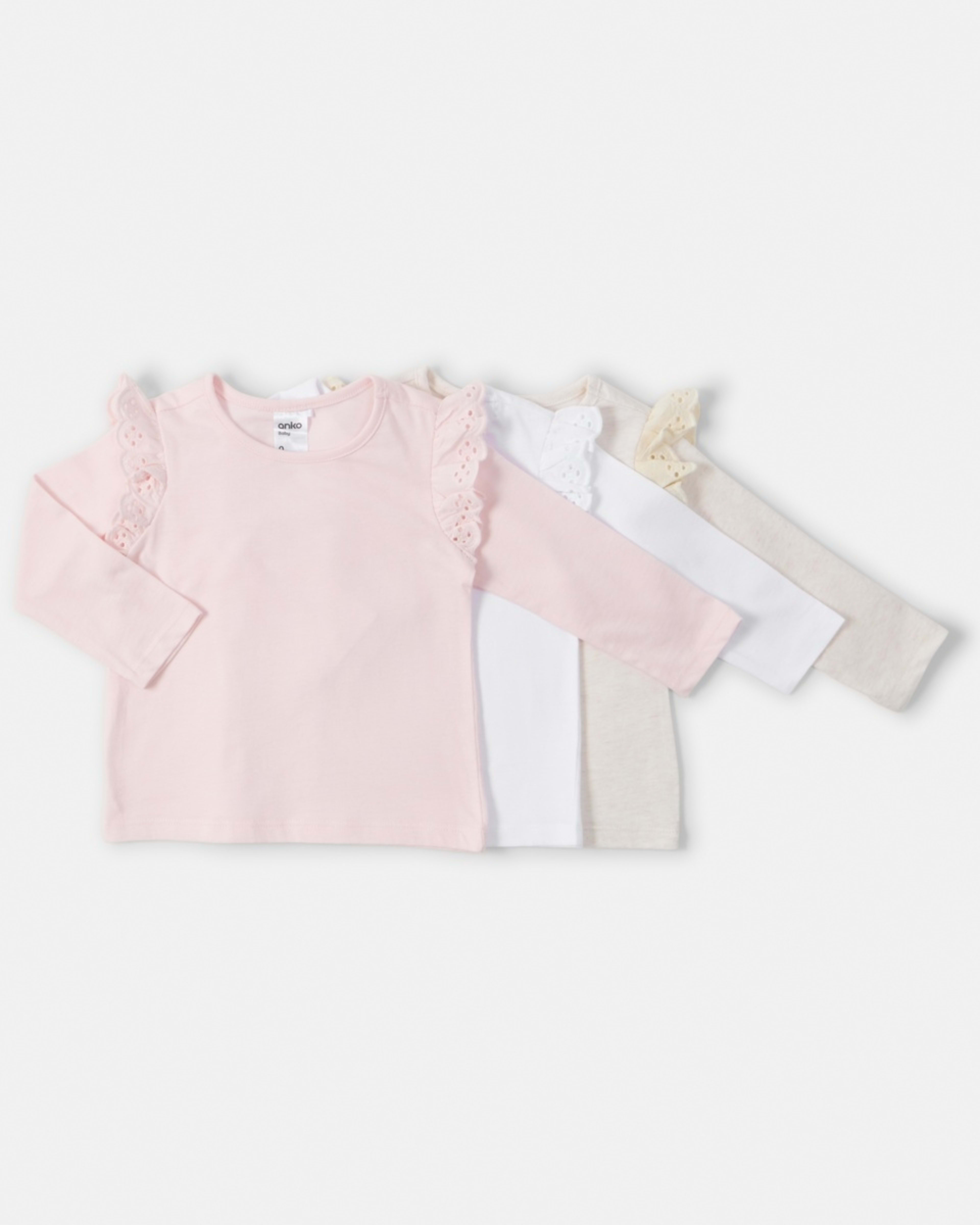 1 3 Pack Long Sleeve Broderie T-shirt Pnk Bge Pk