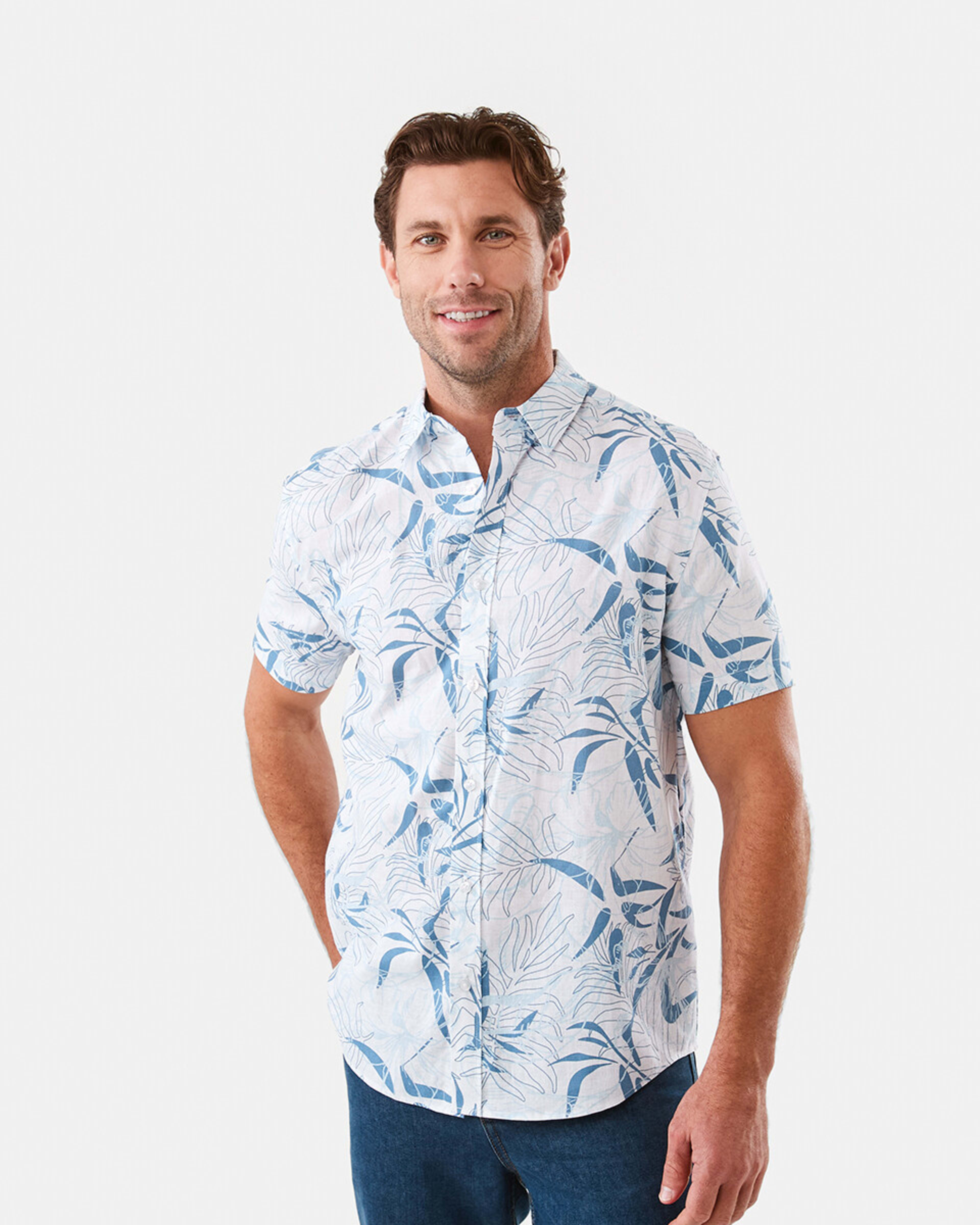 1 Short Sleeve Print Linen Blend Shirt Wht Floral