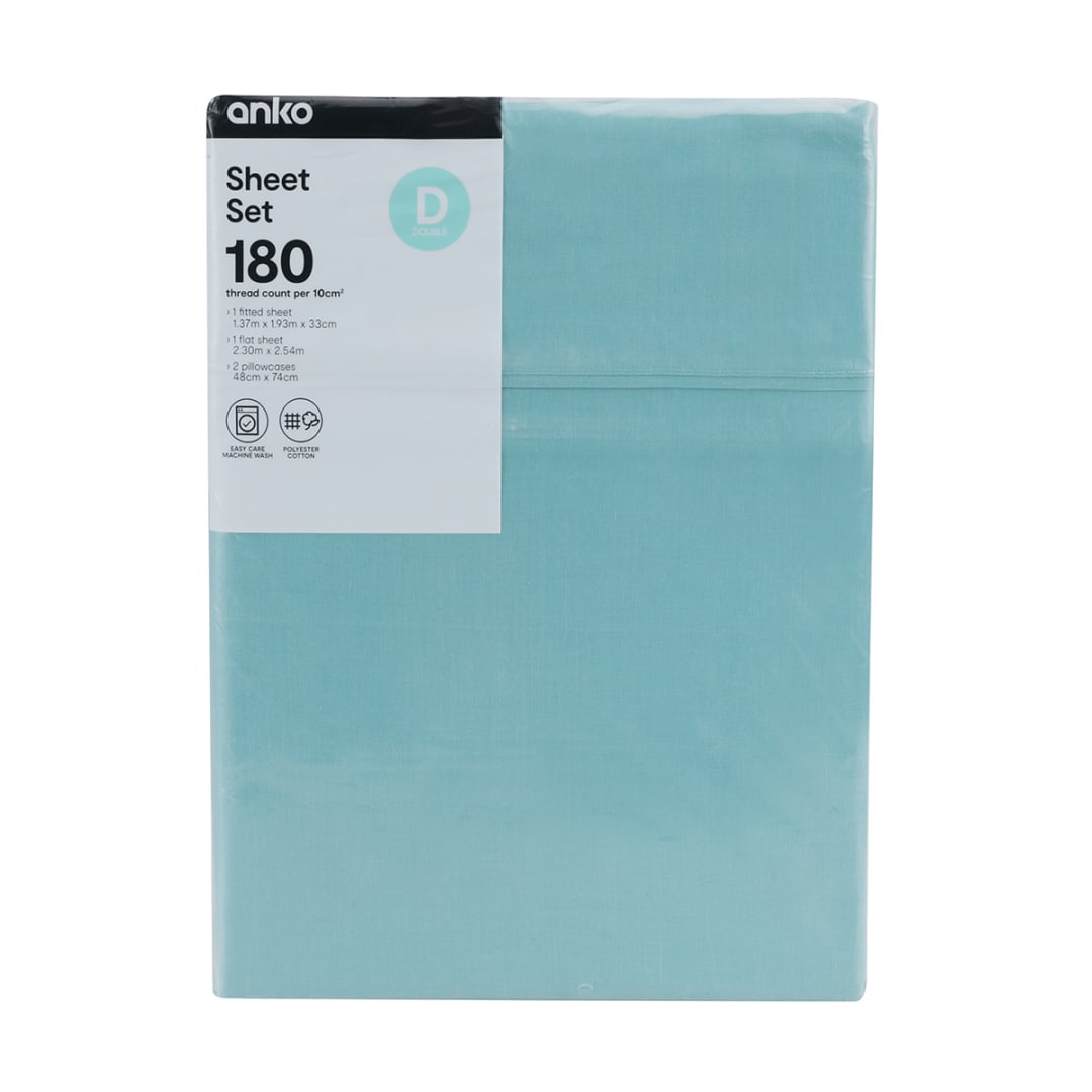180 Thread Count Sheet Set Double Bed, Aqua Kmart