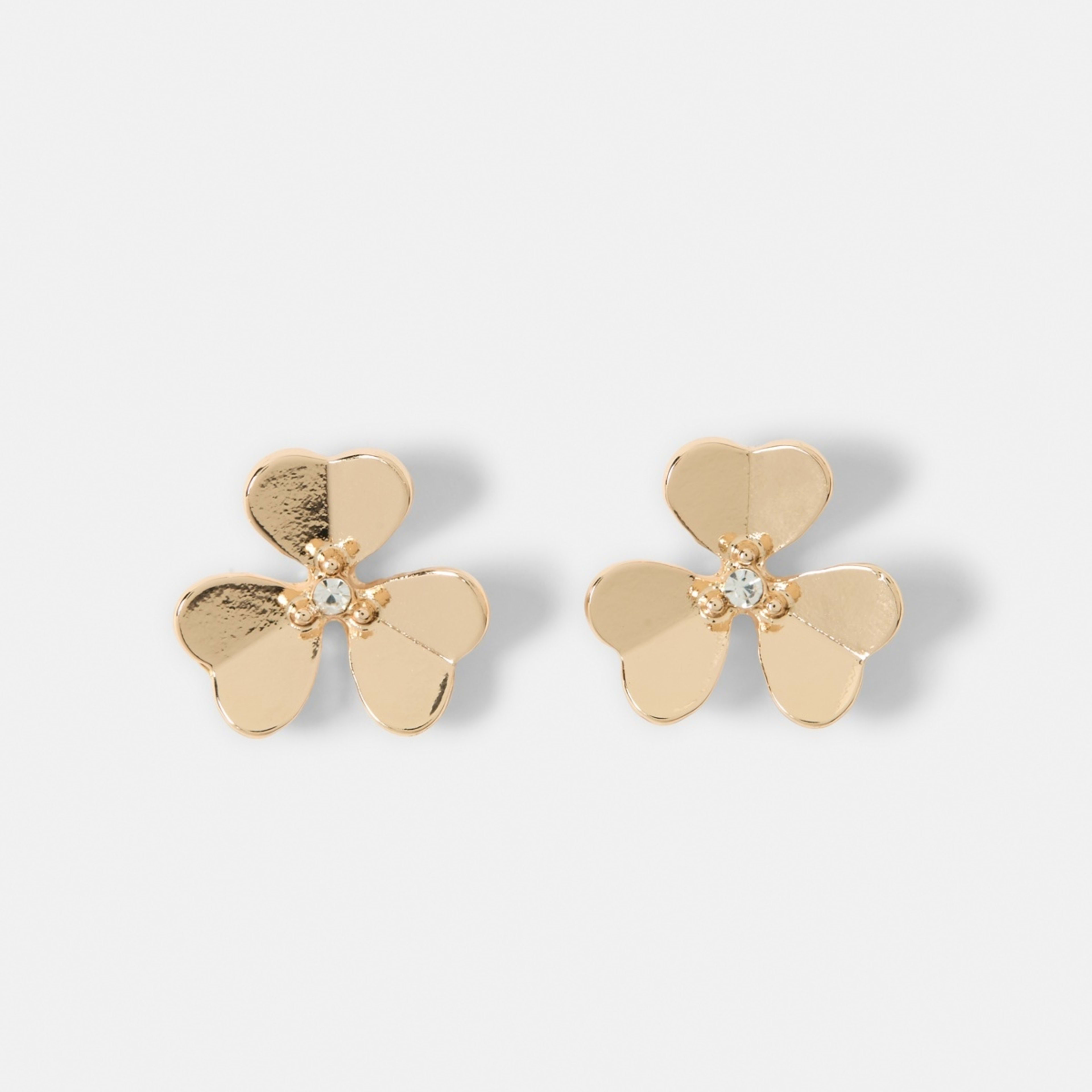 1 Three Petal Crystal Flower Stud Earrings - Gold Tone