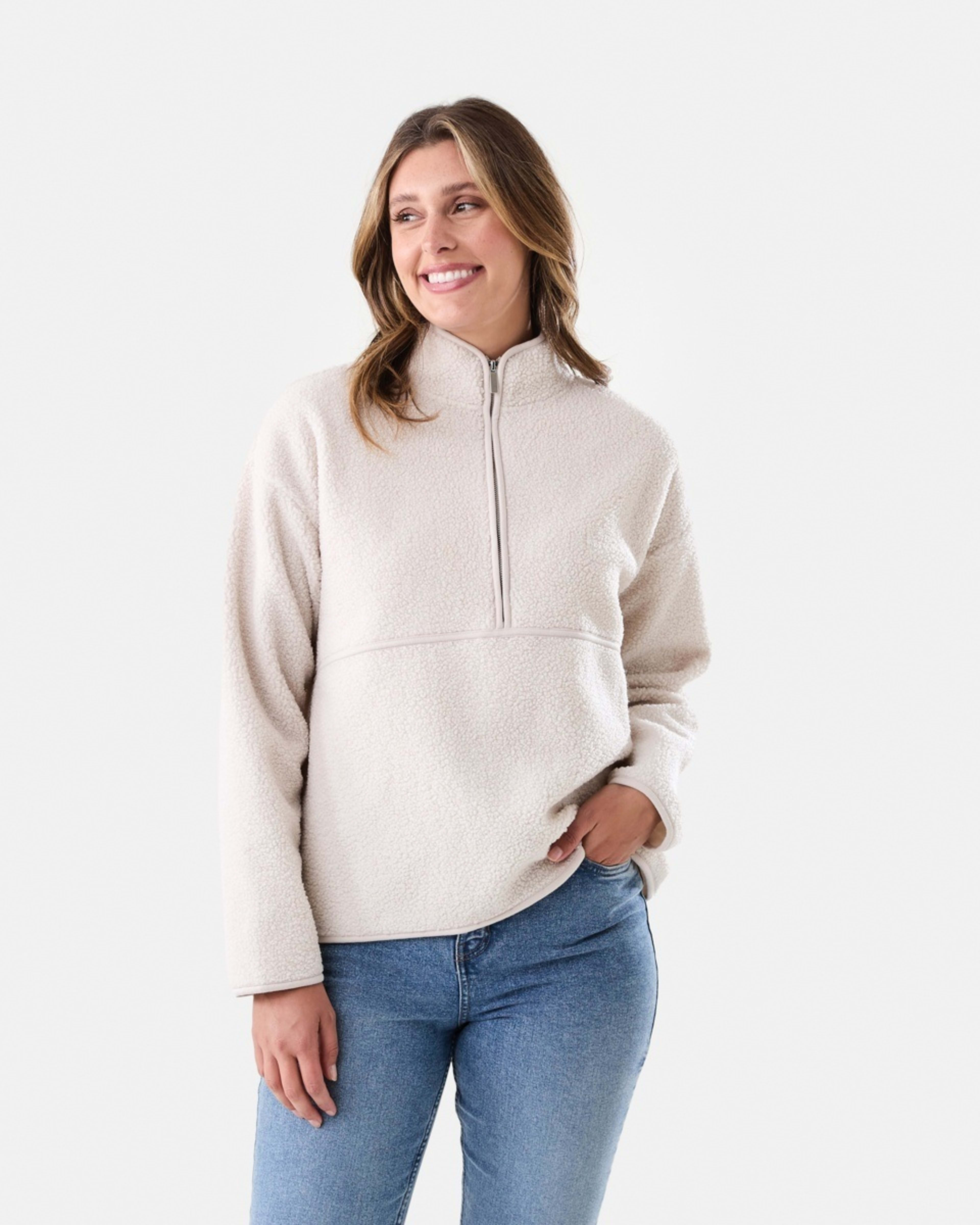 1 Long Sleeve Quarter Zip Through Boucle Sweatshirt Nat Beige, 1 of 6