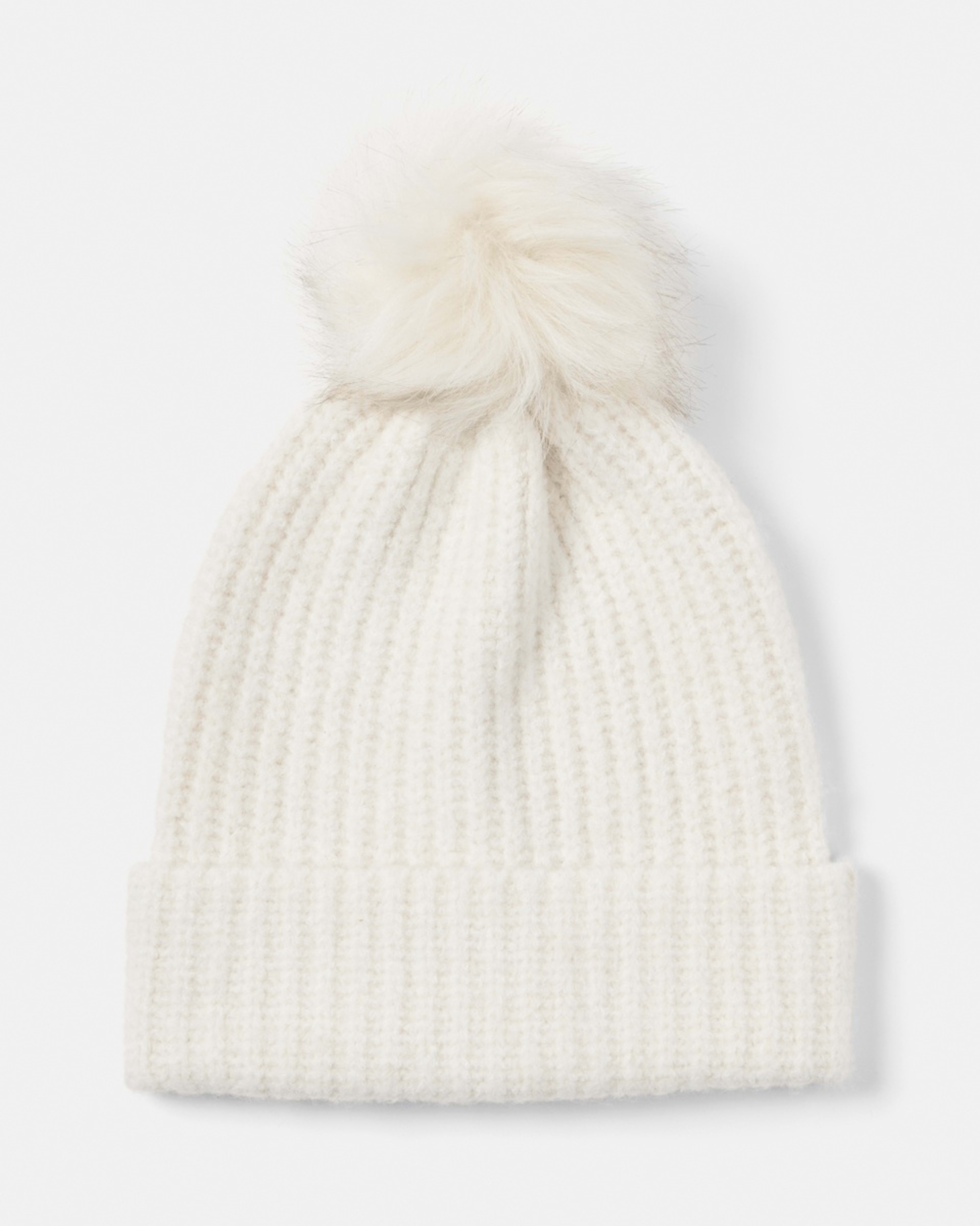 1 Rib Pom Pom Beanie Ecru, 1 of 5