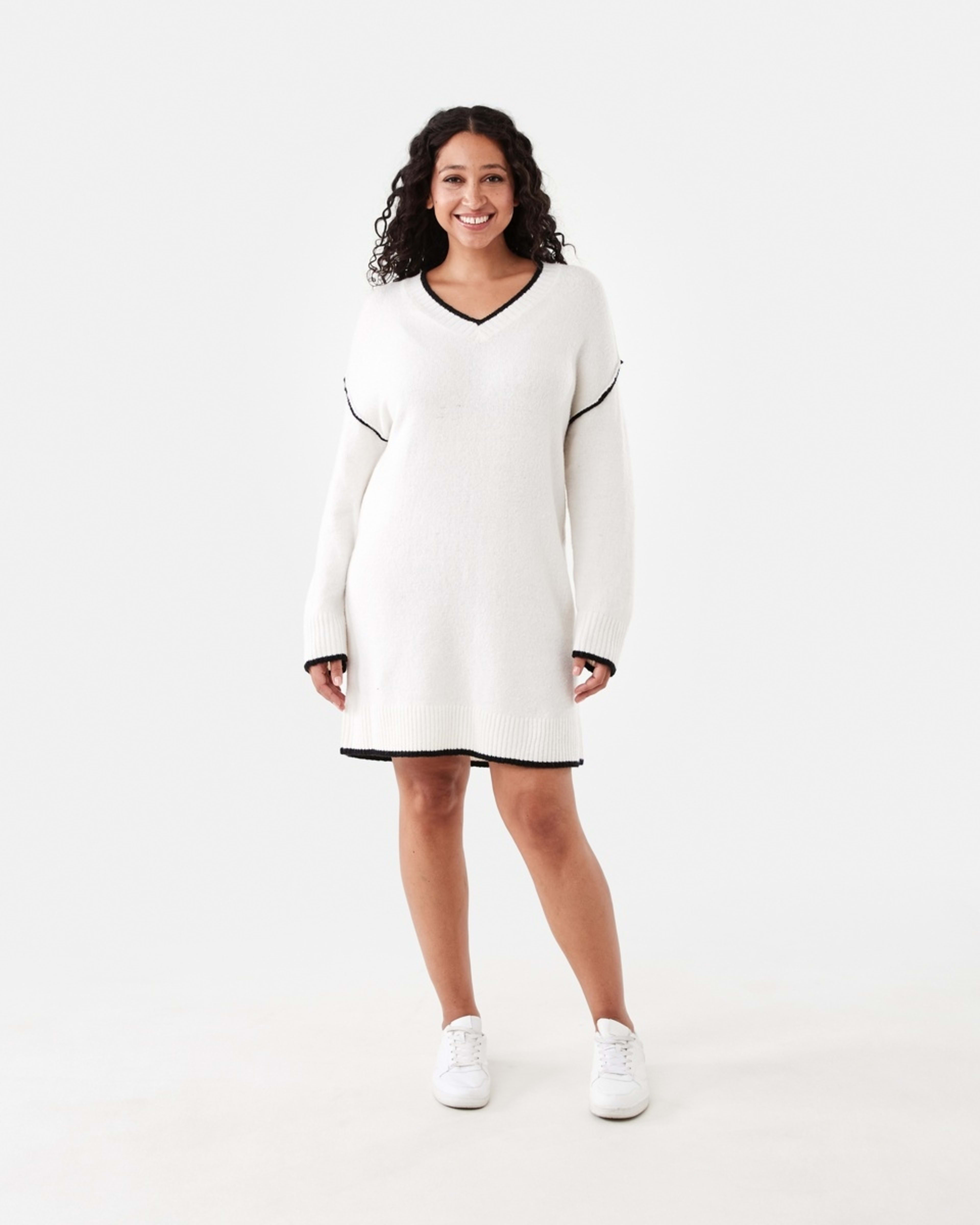 8 Long Sleeve V-Neck Sweater Mini Dress Ecru, 8 of 8