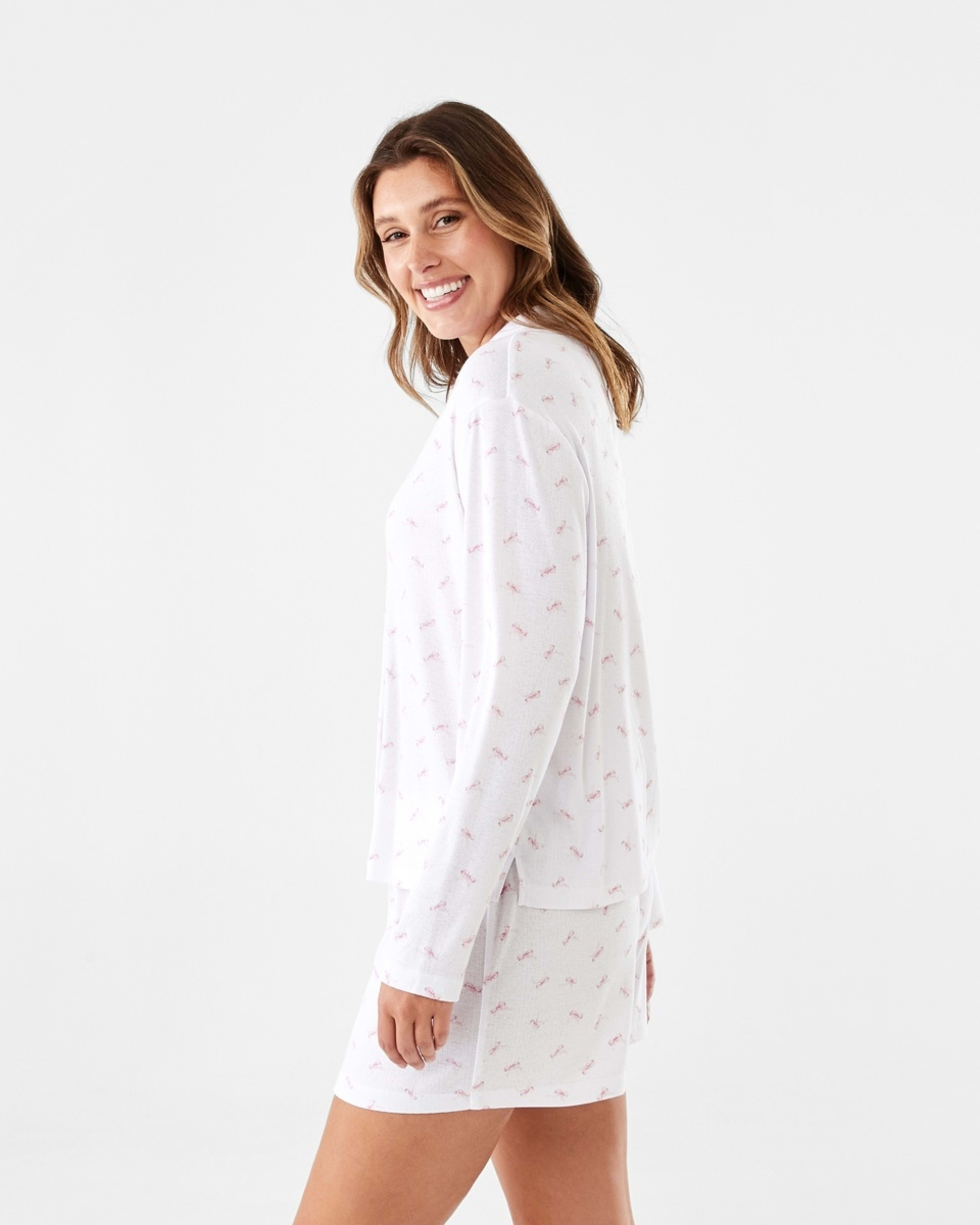 2 Pointelle Long Sleeve Top and Shorts Pyjama Set Pink Bows, 2 of 8