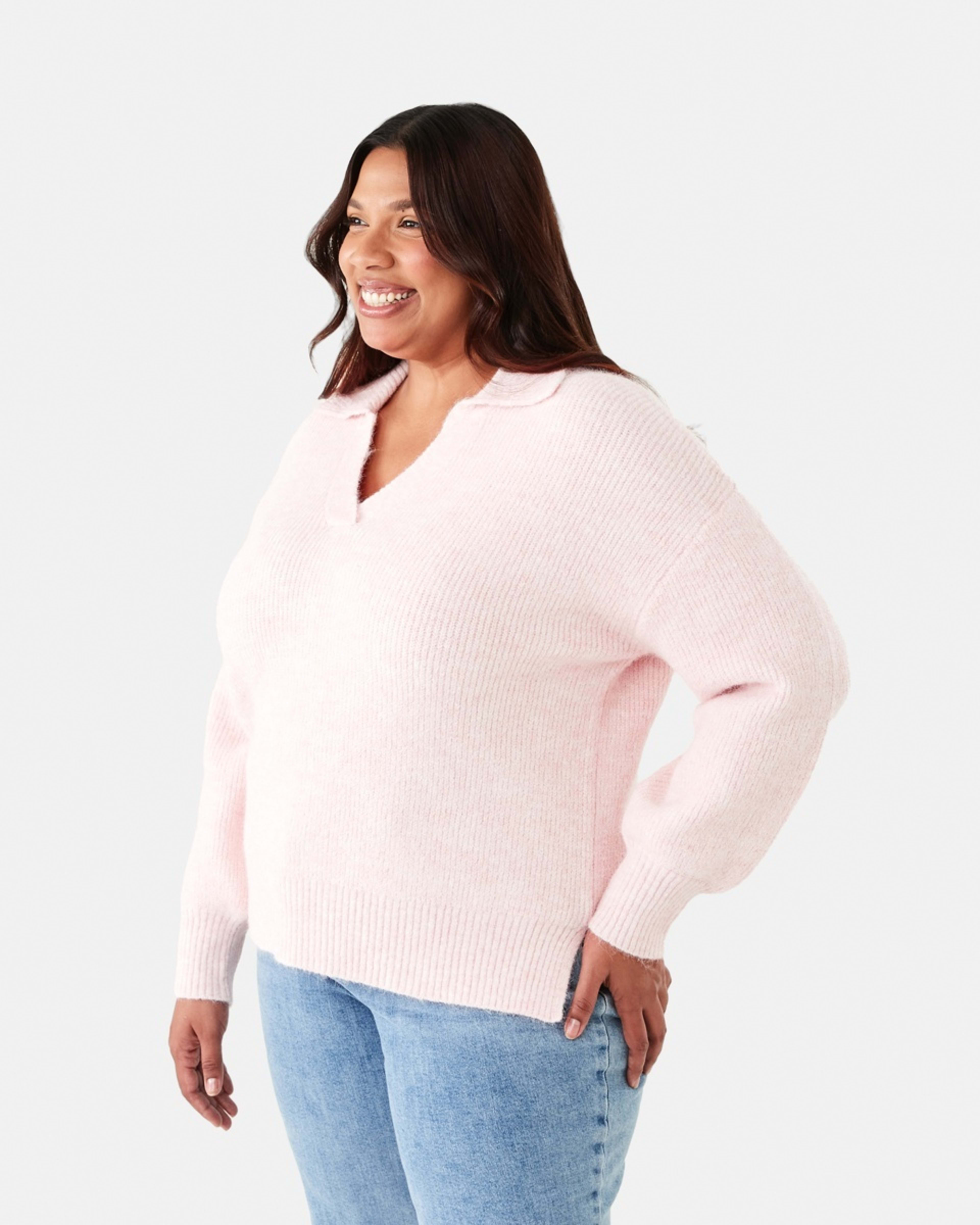 2 Curve Chunky Knit Polo Jumper Soft Pink, 2 of 6