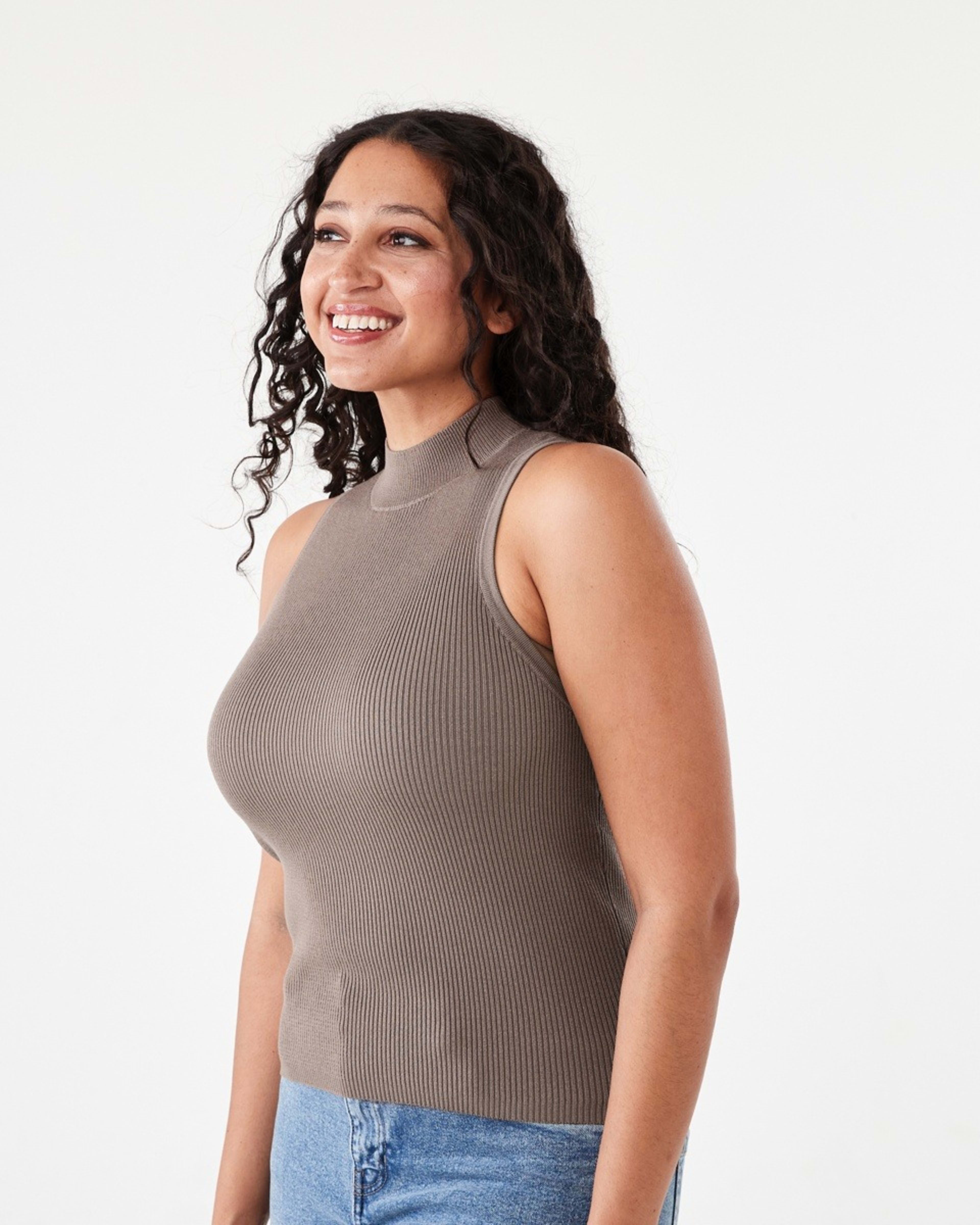 2 Sleeveless Mock Neck Rib Tank Taupe Brn, 2 of 5
