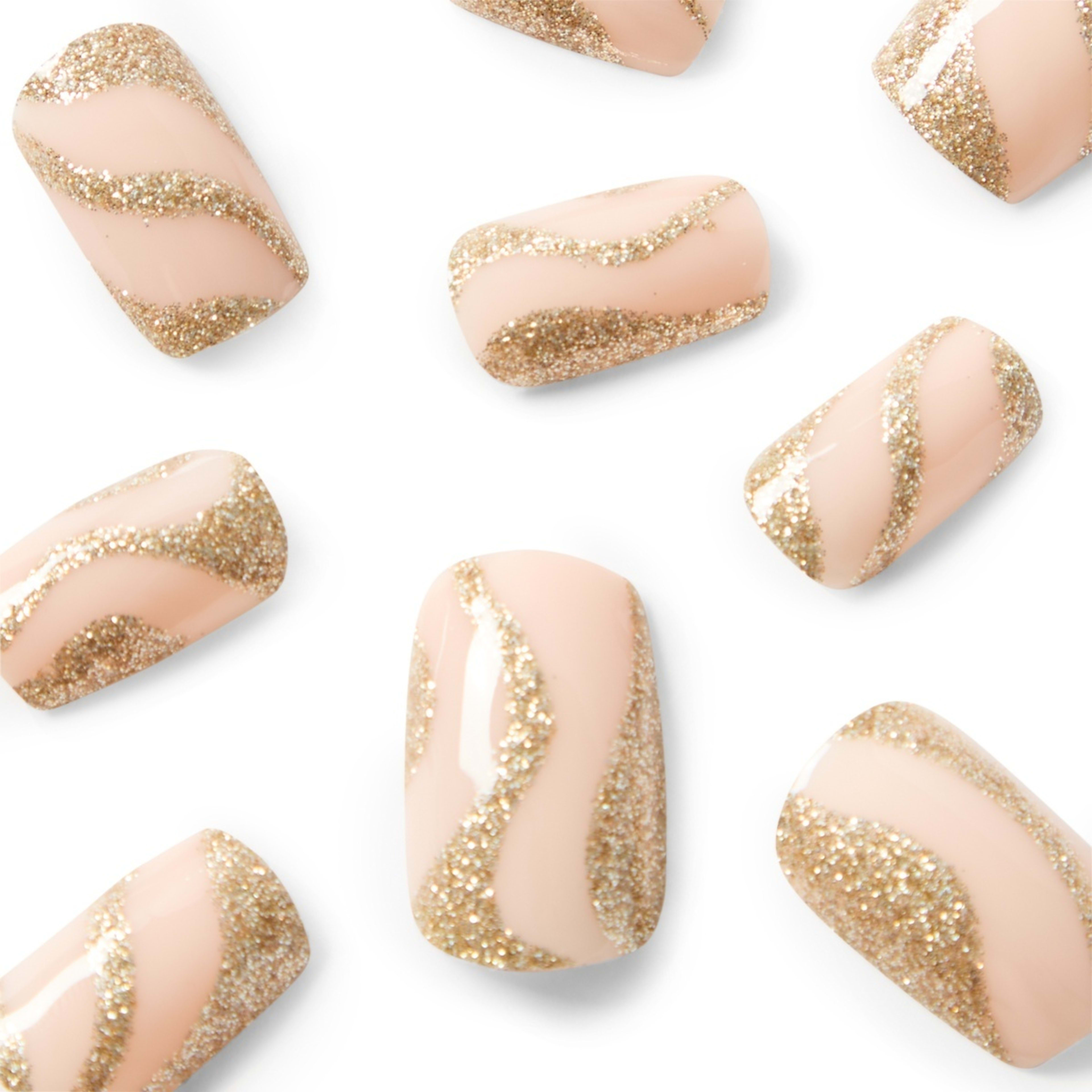 3 OXX Cosmetics 24 Pack Artificial Nails with Adhesive - Medium Square Shape, Nude and Gold, 3 of 5
