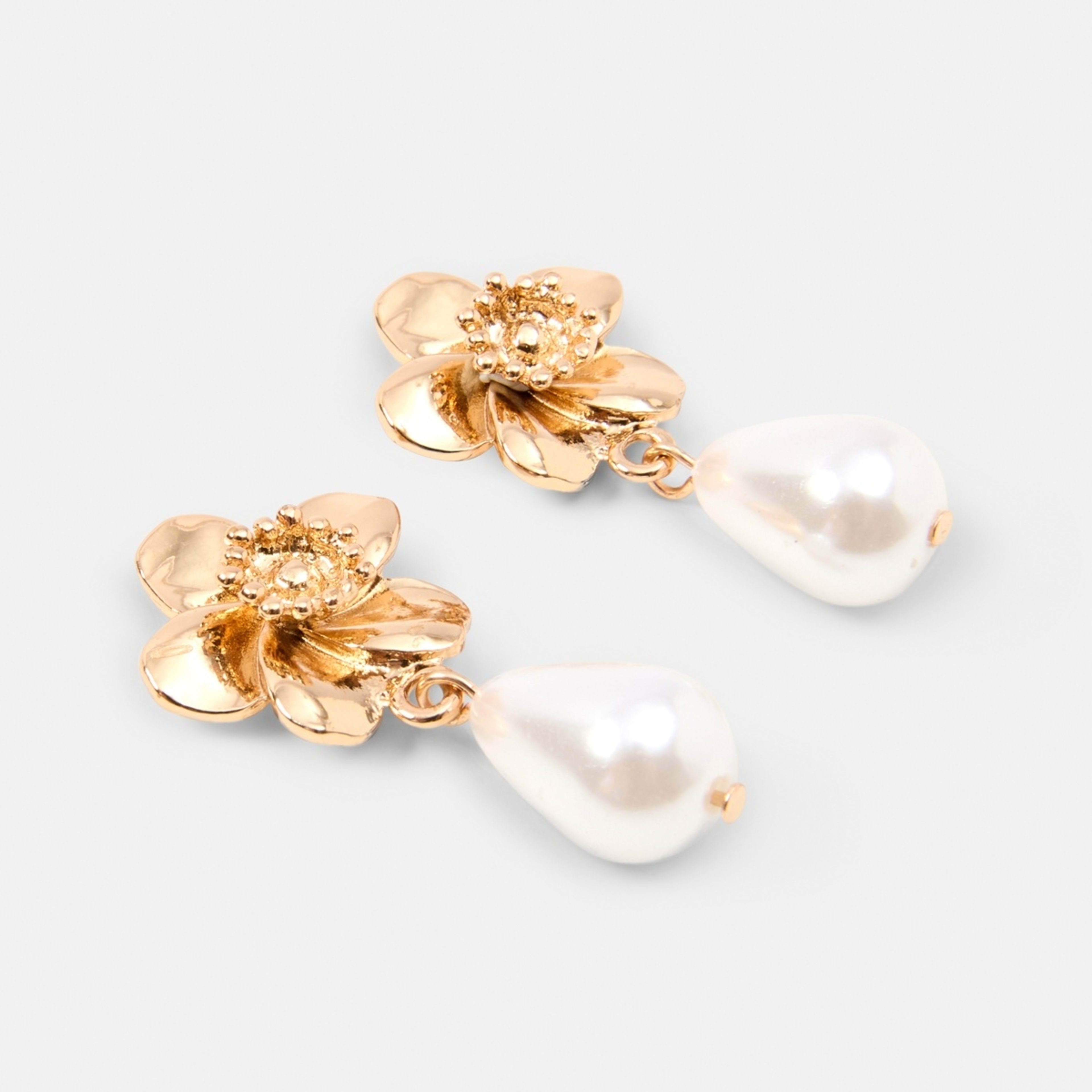 2 Small Flower and Faux Pearl Drop Earrings - Gold Tone Gold, 2 of 5