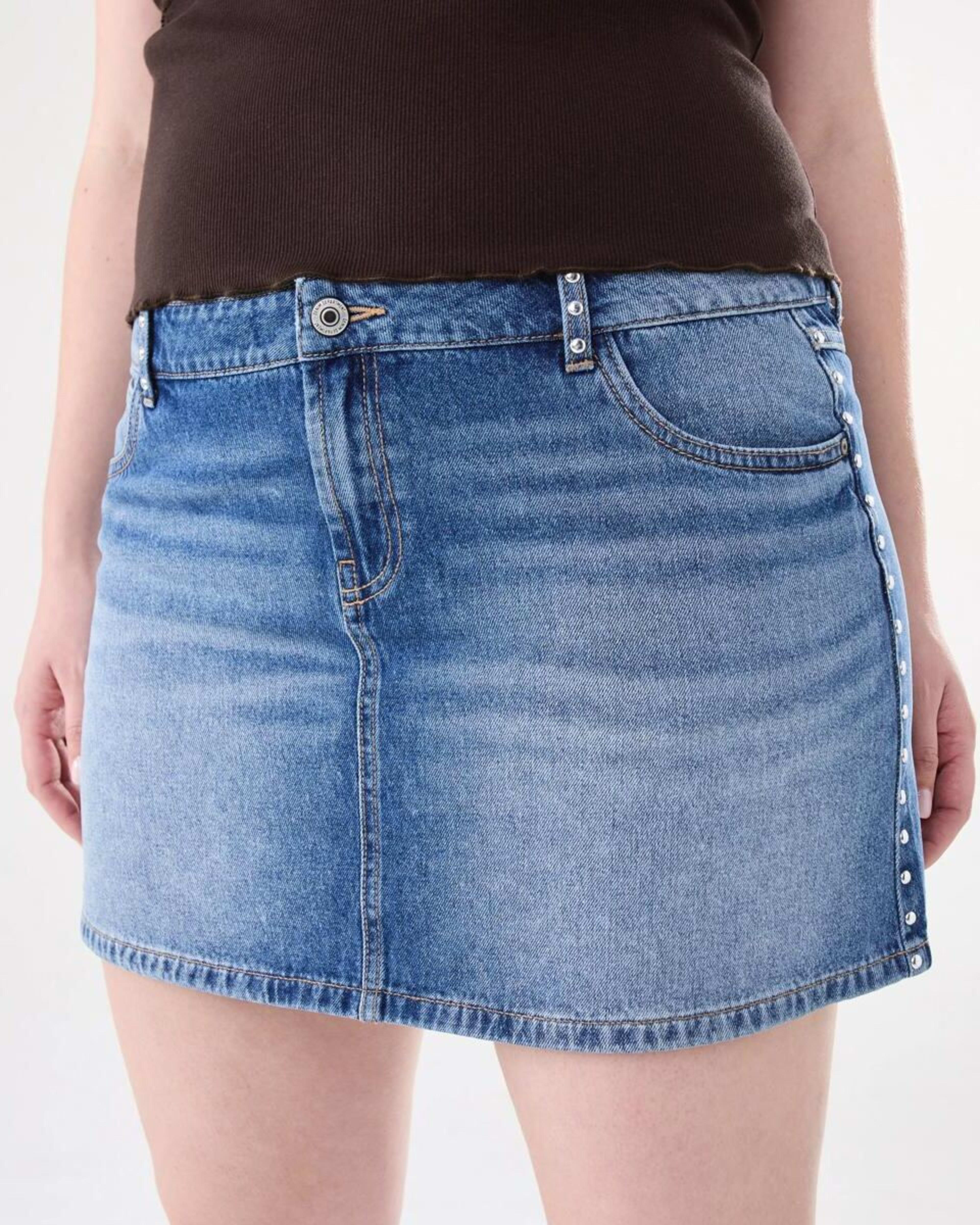 3 Star Studded Denim Mini Skirt Mid Wash, 3 of 9