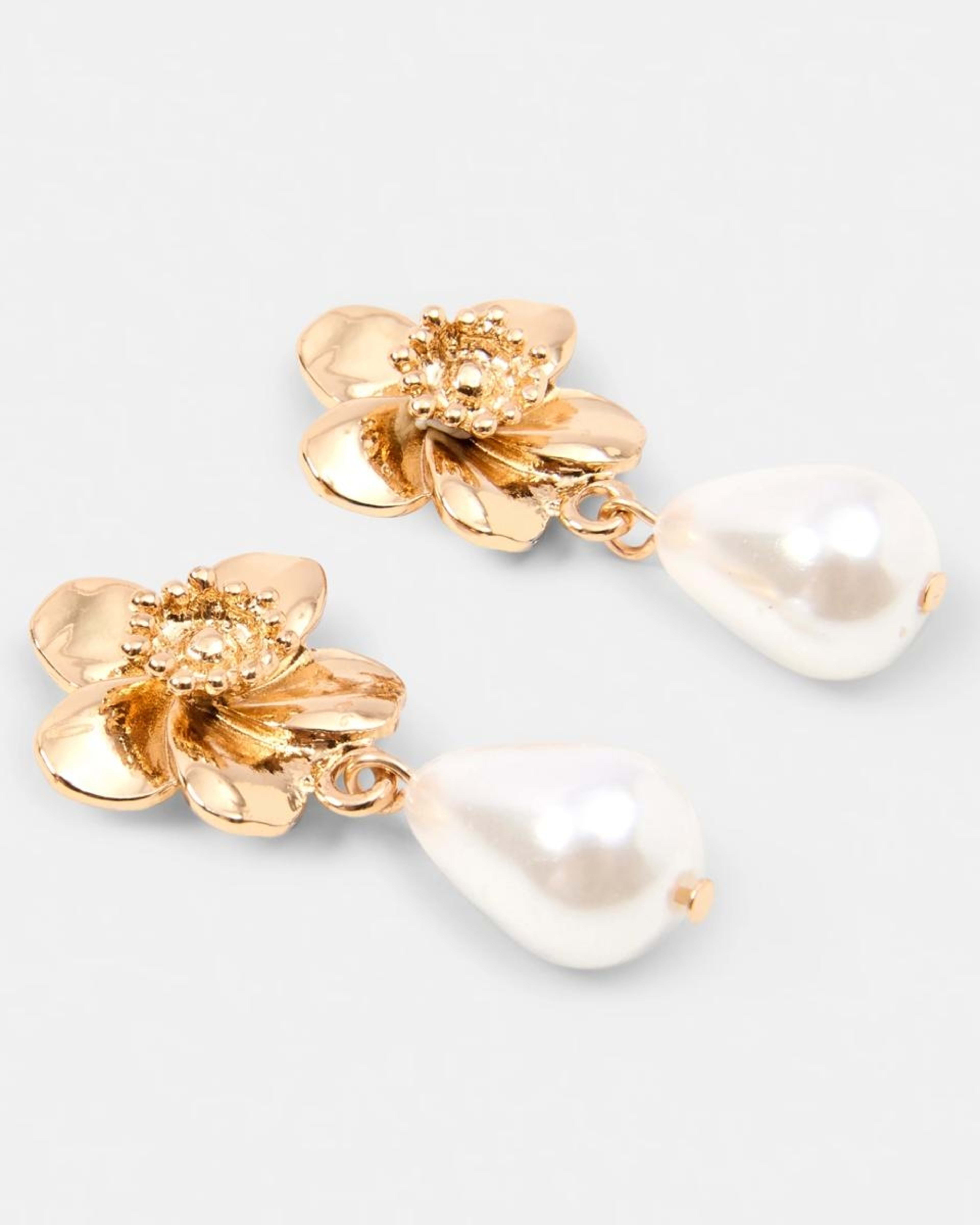 2 Small Flower and Faux Pearl Drop Earrings - Gold Tone Gold, 2 of 5