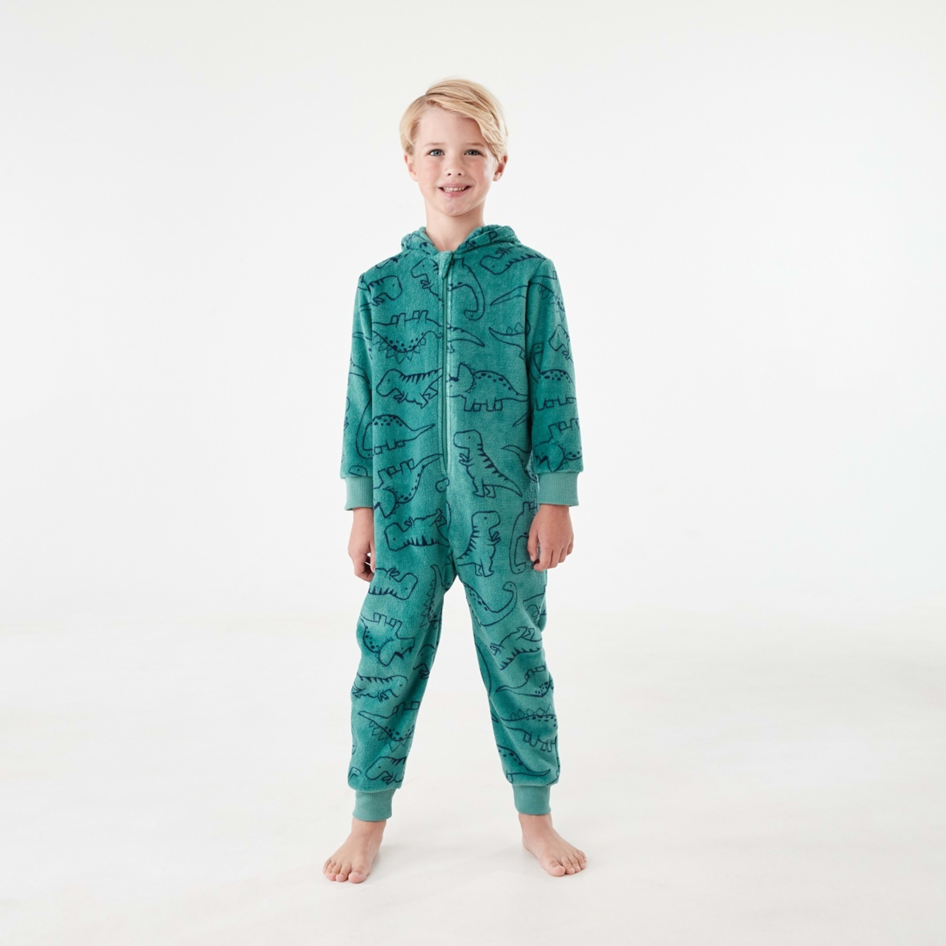 1 Novelty Fluffy All-In-One Sleepsuit Green Dino Linework, 1 of 9