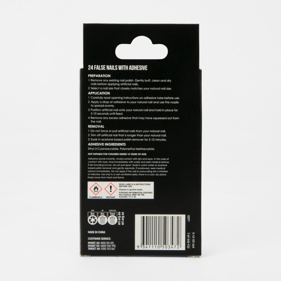 OXX Cosmetics 24 Pack False Nails with Adhesive Stiletto Shape, Black