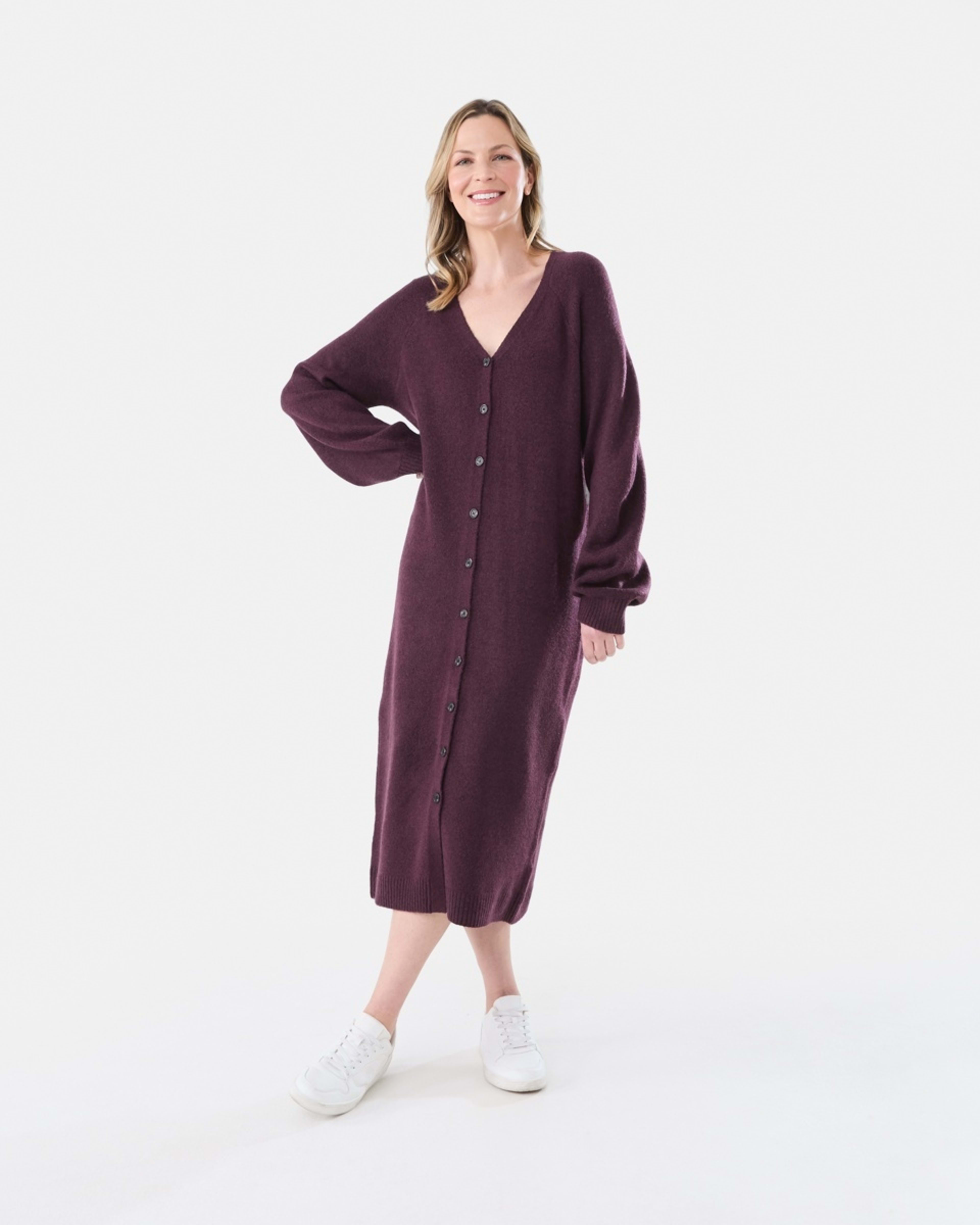 1 Long Sleeve Cardigan Knit Midi Dress Mulberry