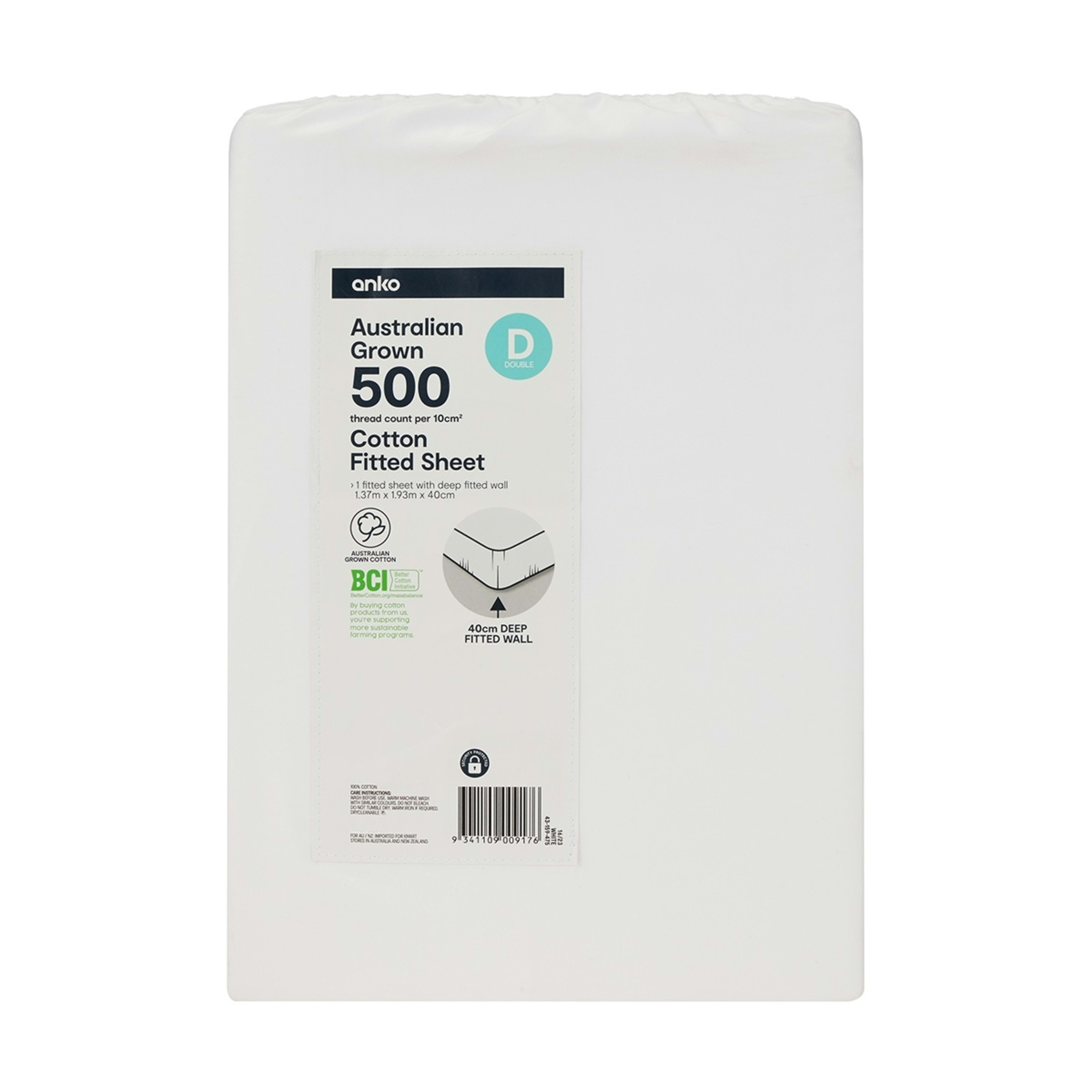 500 Thread Count Australian Grown Cotton Fitted Sheet Double Bed, White Kmart