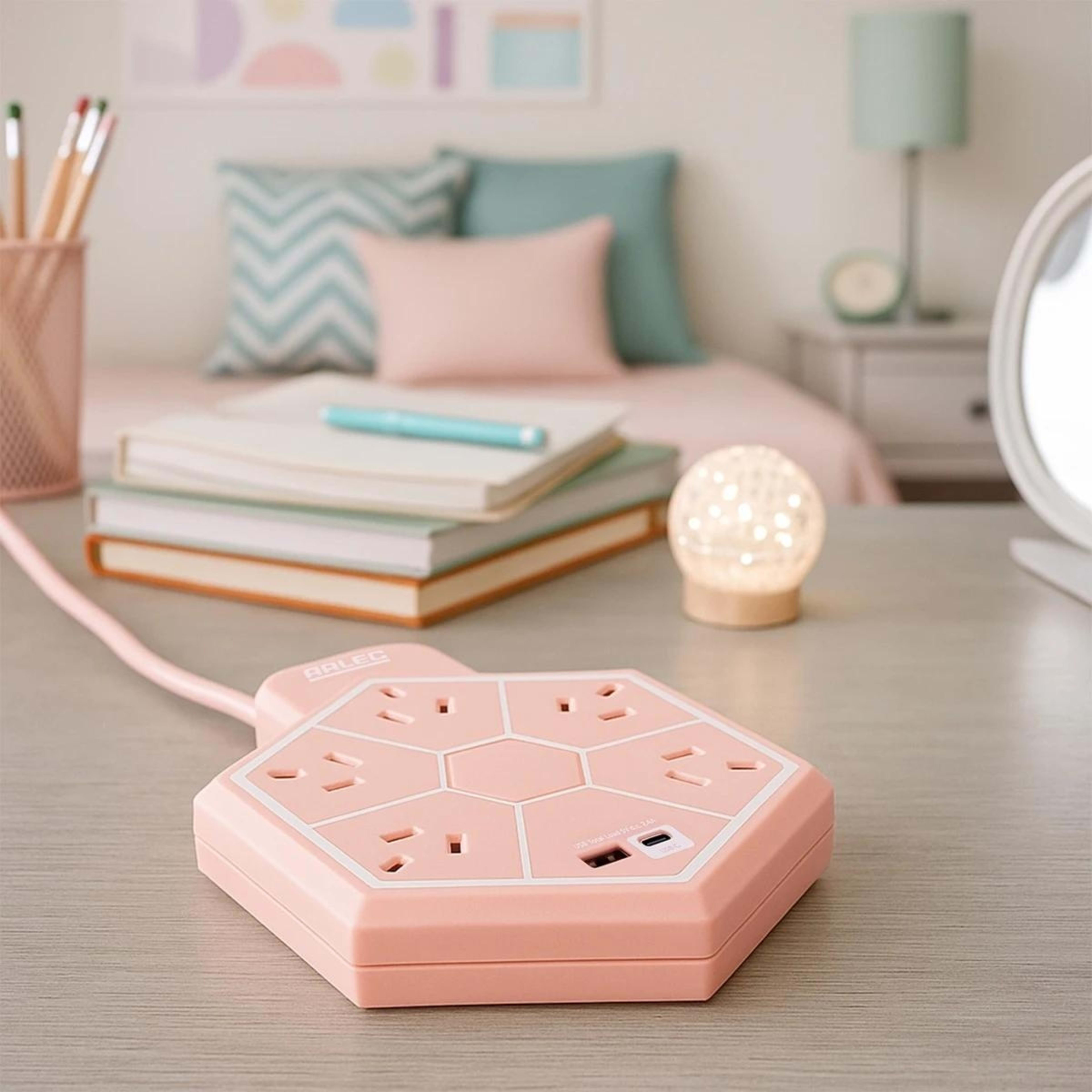 1 Arlec 5 Outlet Hexagon USB A & C Charging Ports Powerboard - Pink