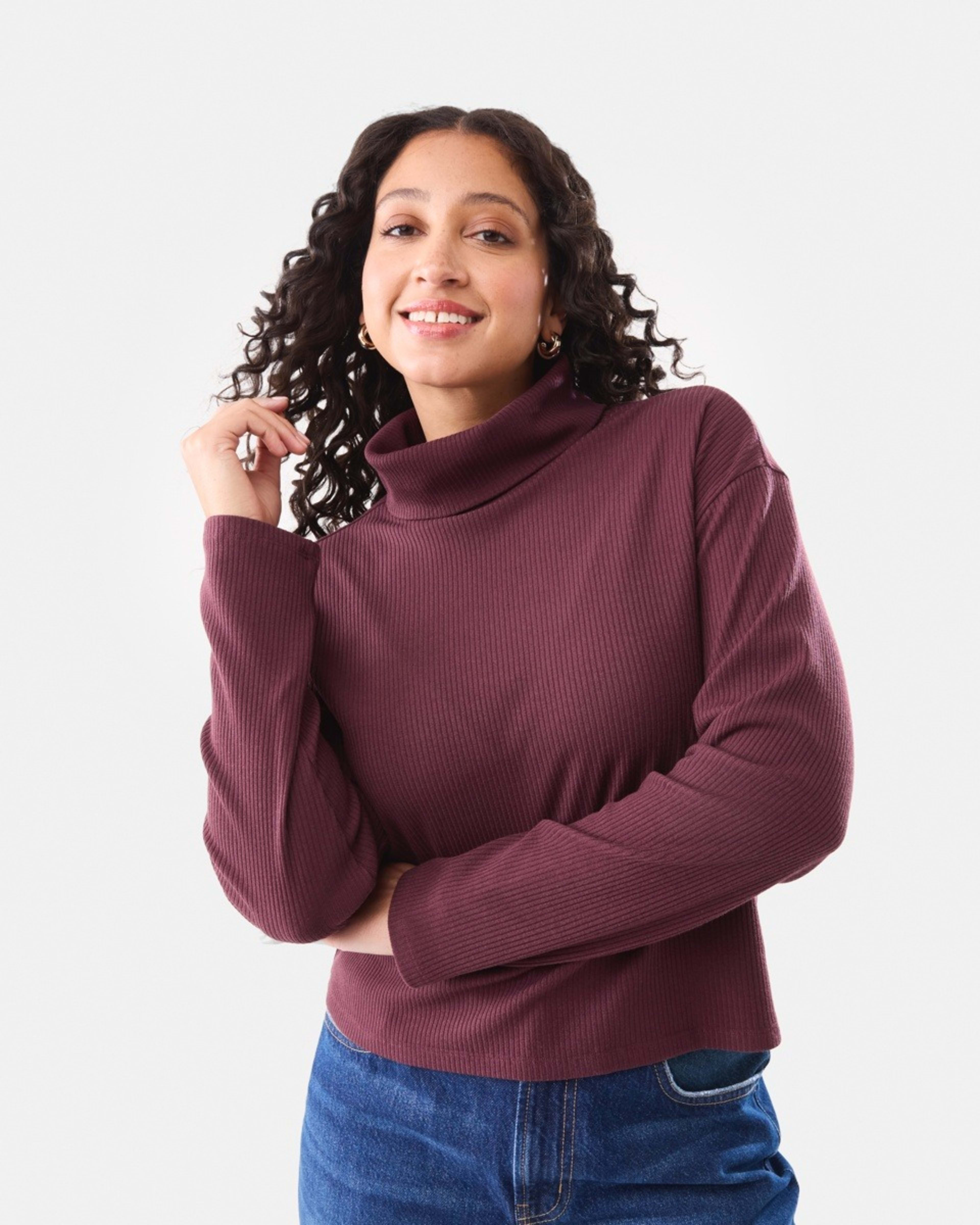 1 Long Sleeve Rib Turtleneck Top Mulberry