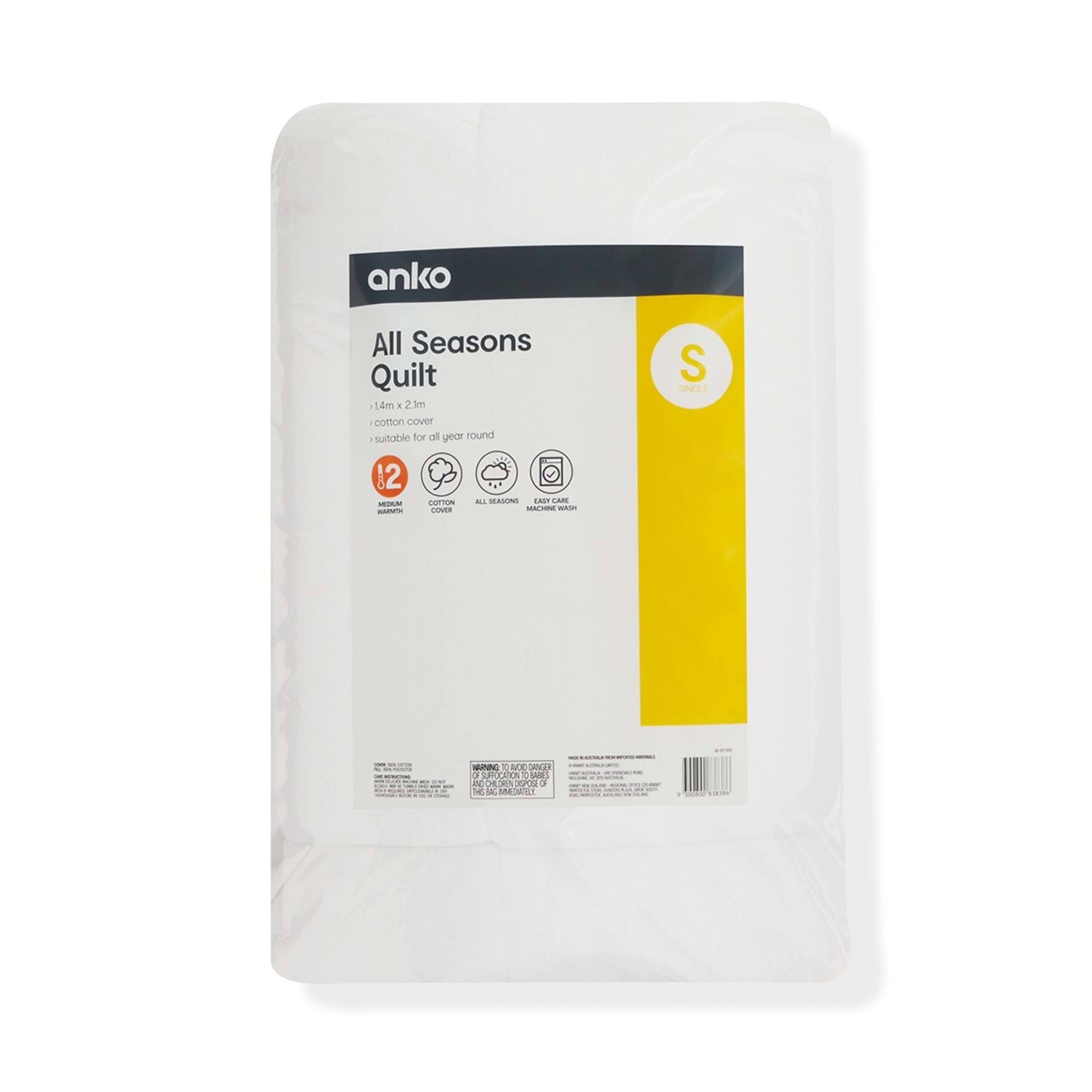 1 Medium Warmth All Seasons Quilt - Single Bed, White