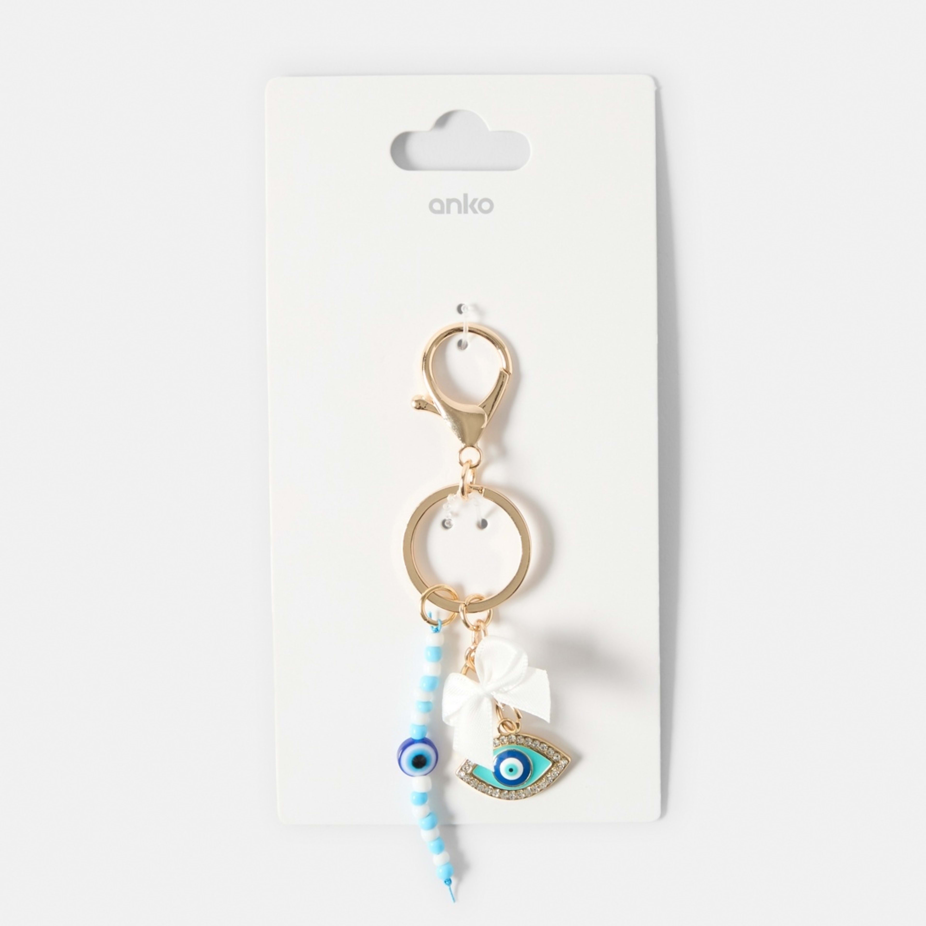 3 Evil Eye Charm Keyring - Gold Tone, Blue and White, 3 of 3