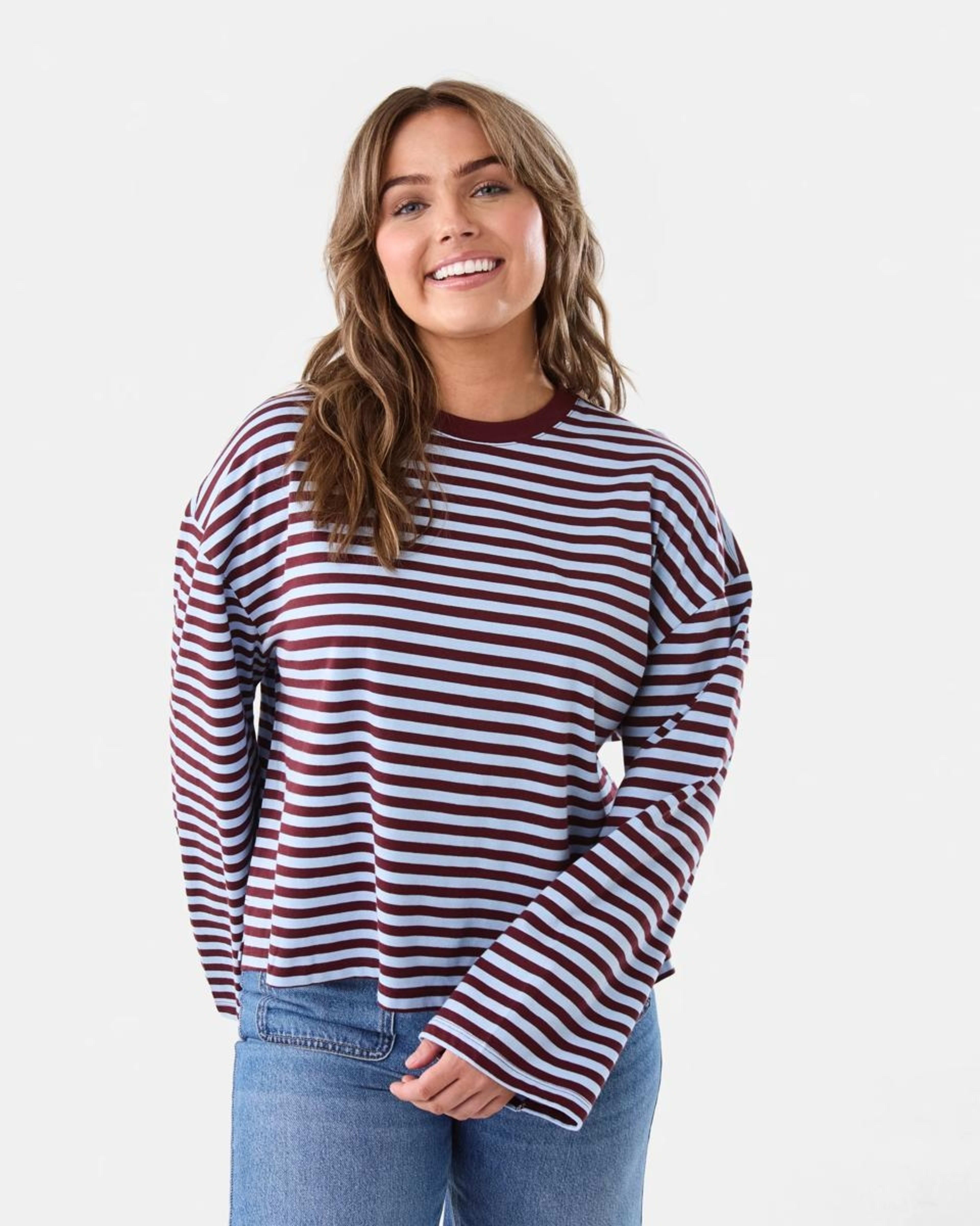 1 Long Sleeve Oversized Boyfriend Print T-shirt Blue Strp, 1 of 6