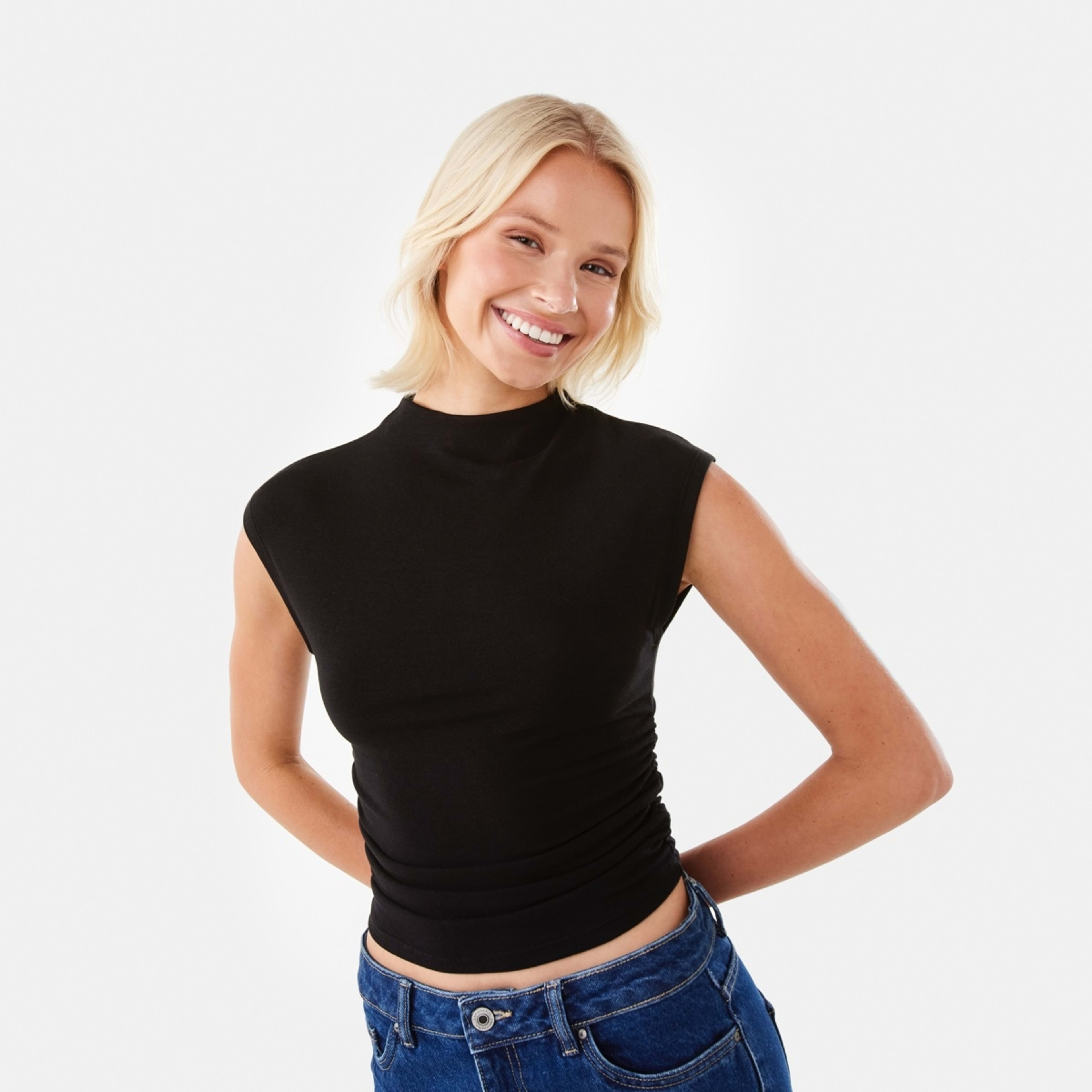 1 Sleeveless Mock Neck Ruched Top Black, 1 of 10