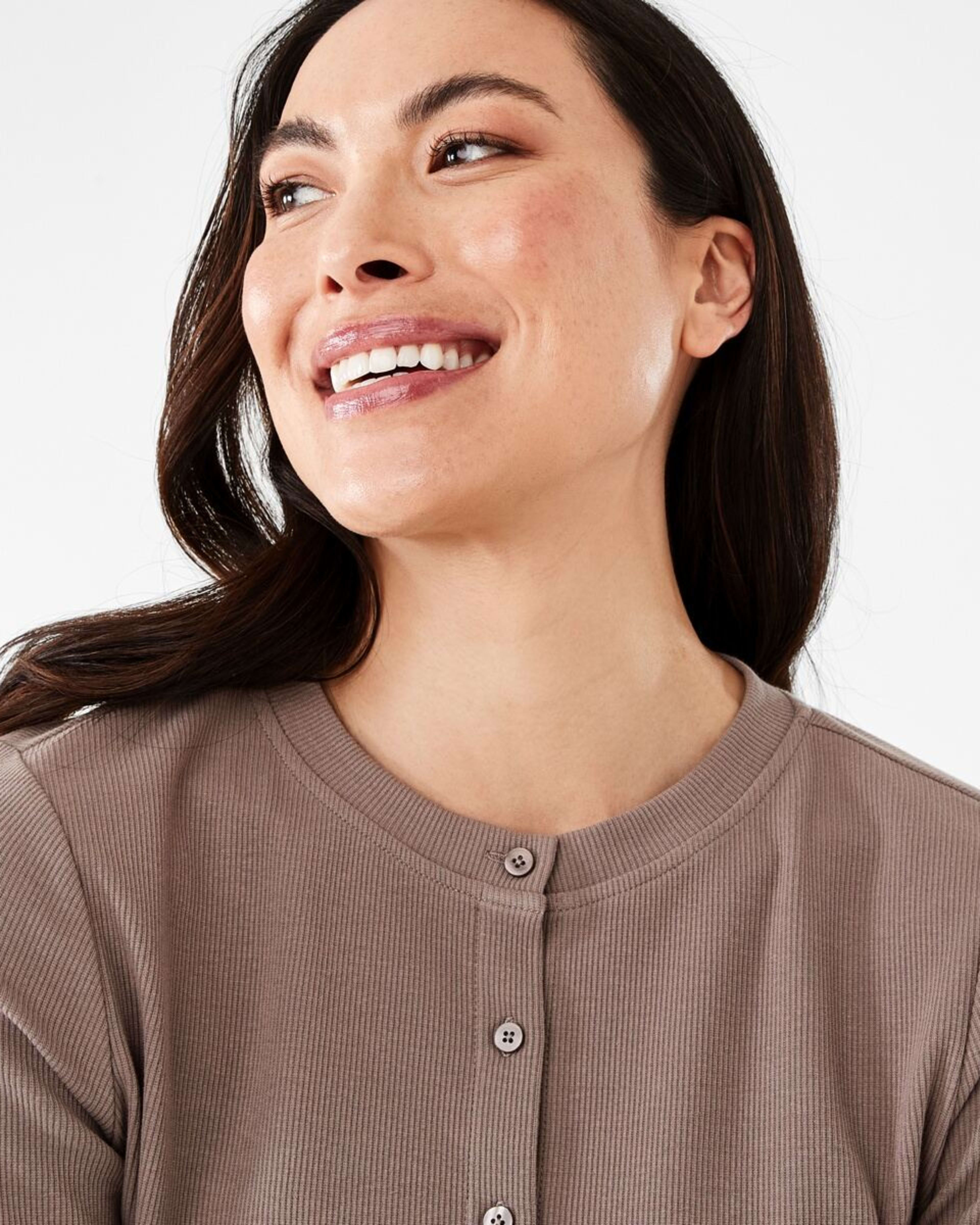 4 Long Sleeve Rib Button Front Top Taupe Brn, 4 of 6