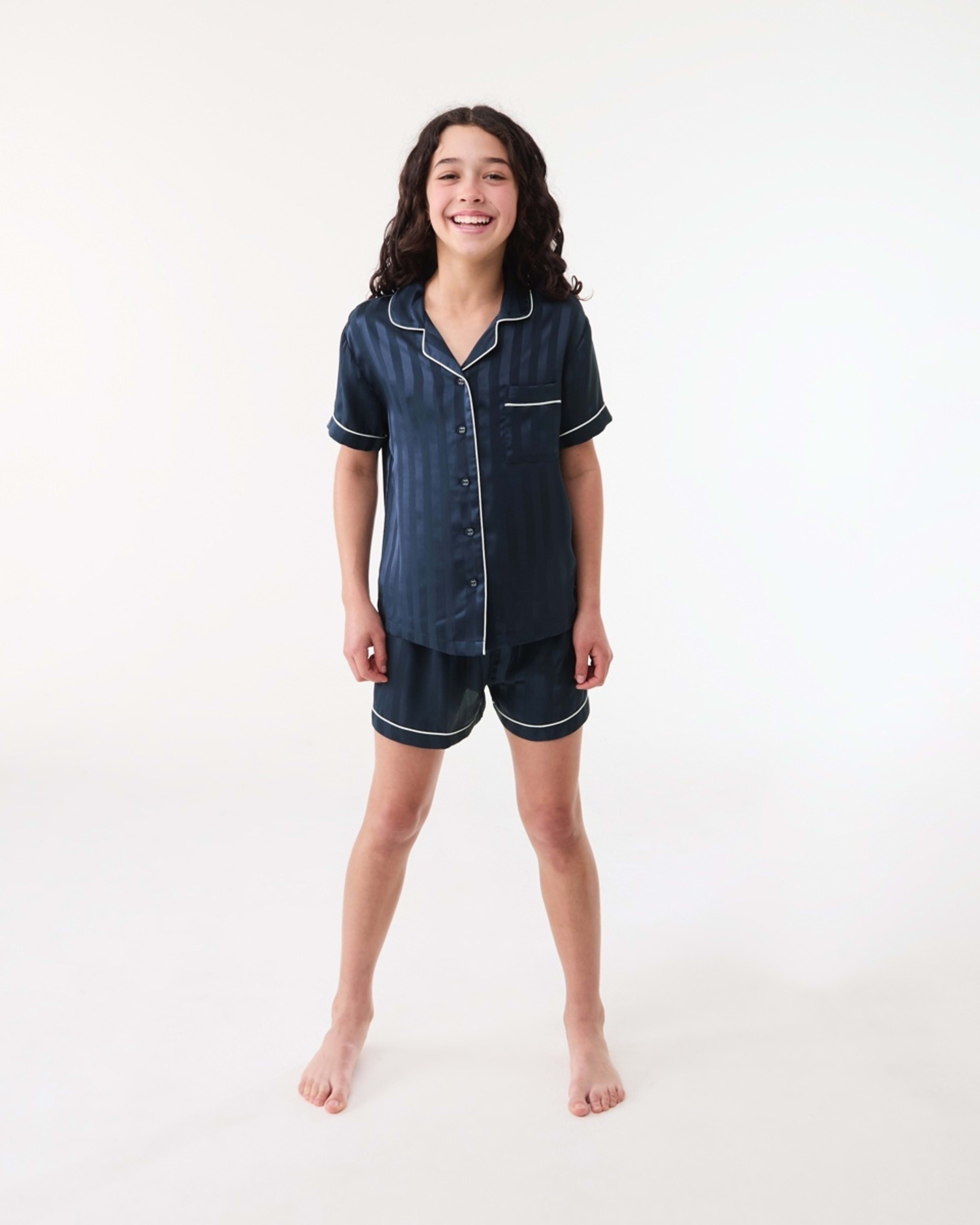 1 Short Sleeve Satin Pyjama Set JACQUARD STRIPE DEEP INDIGO