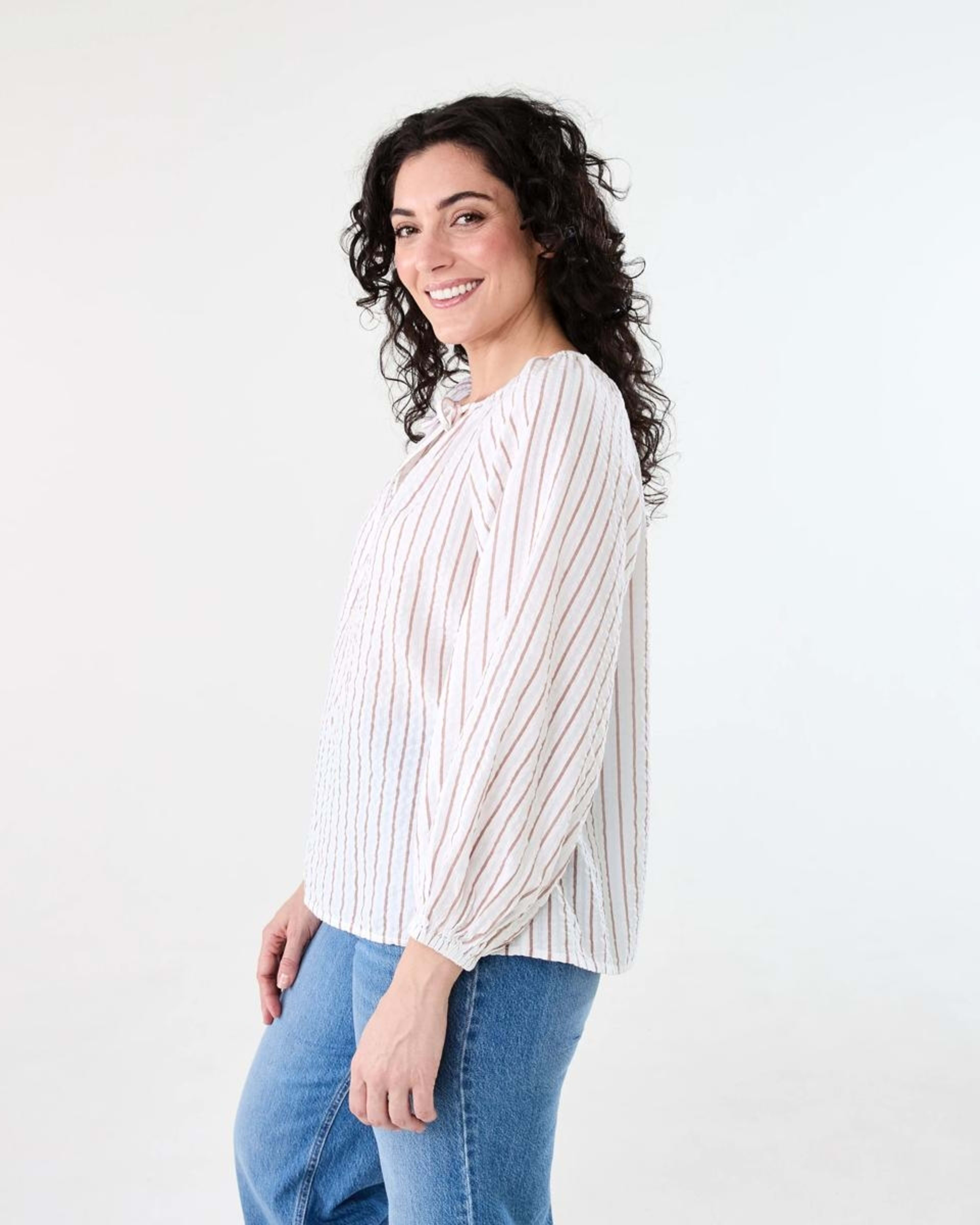 3 Long Sleeve Seersucker Tie Top RUSSET STRIPE, 3 of 6