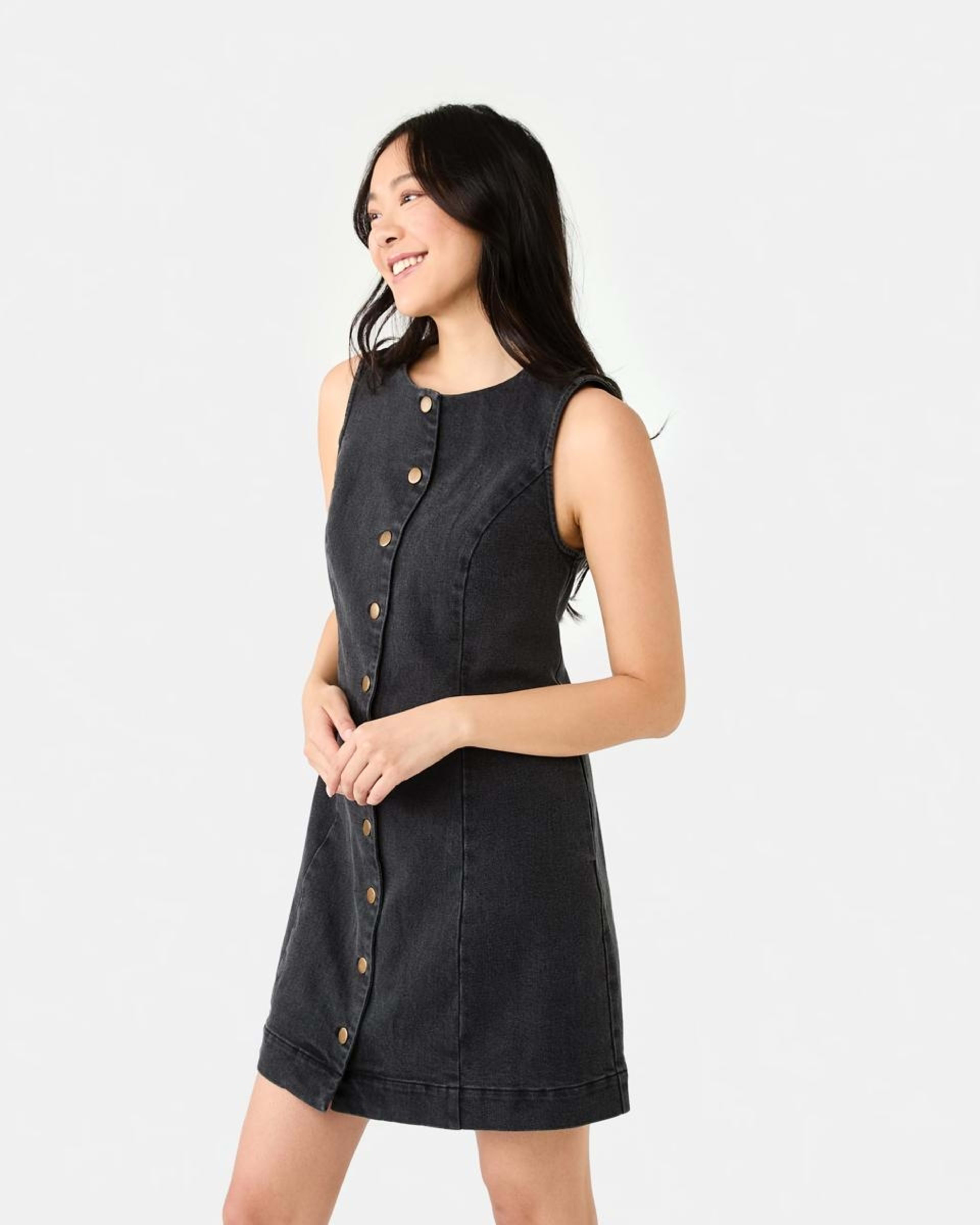 3 Sleeveless Boat Neck Denim Mini Dress BLACK WASH, 3 of 8