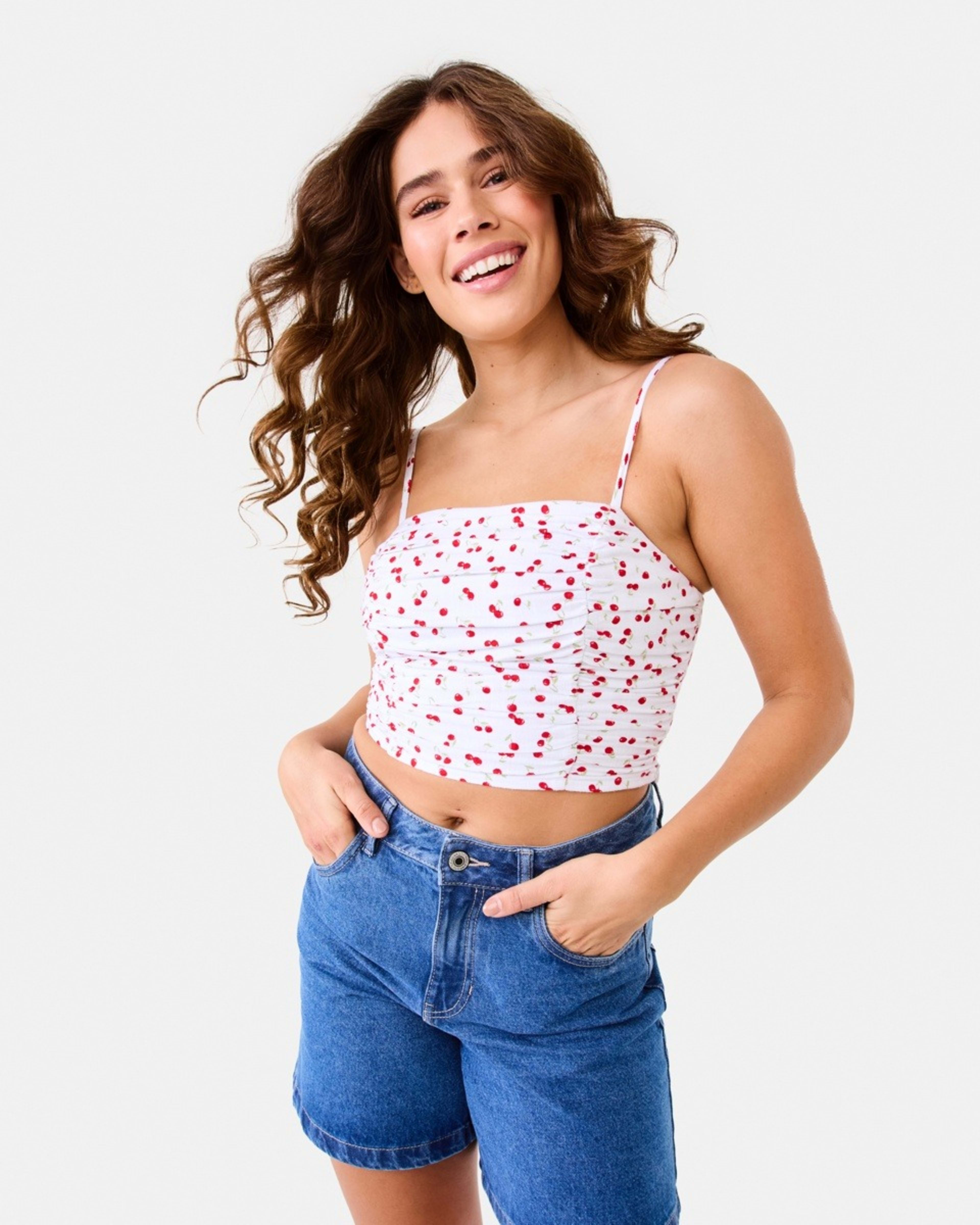 1 Sleeveless Ruched Crop Top Cherries, 1 of 10