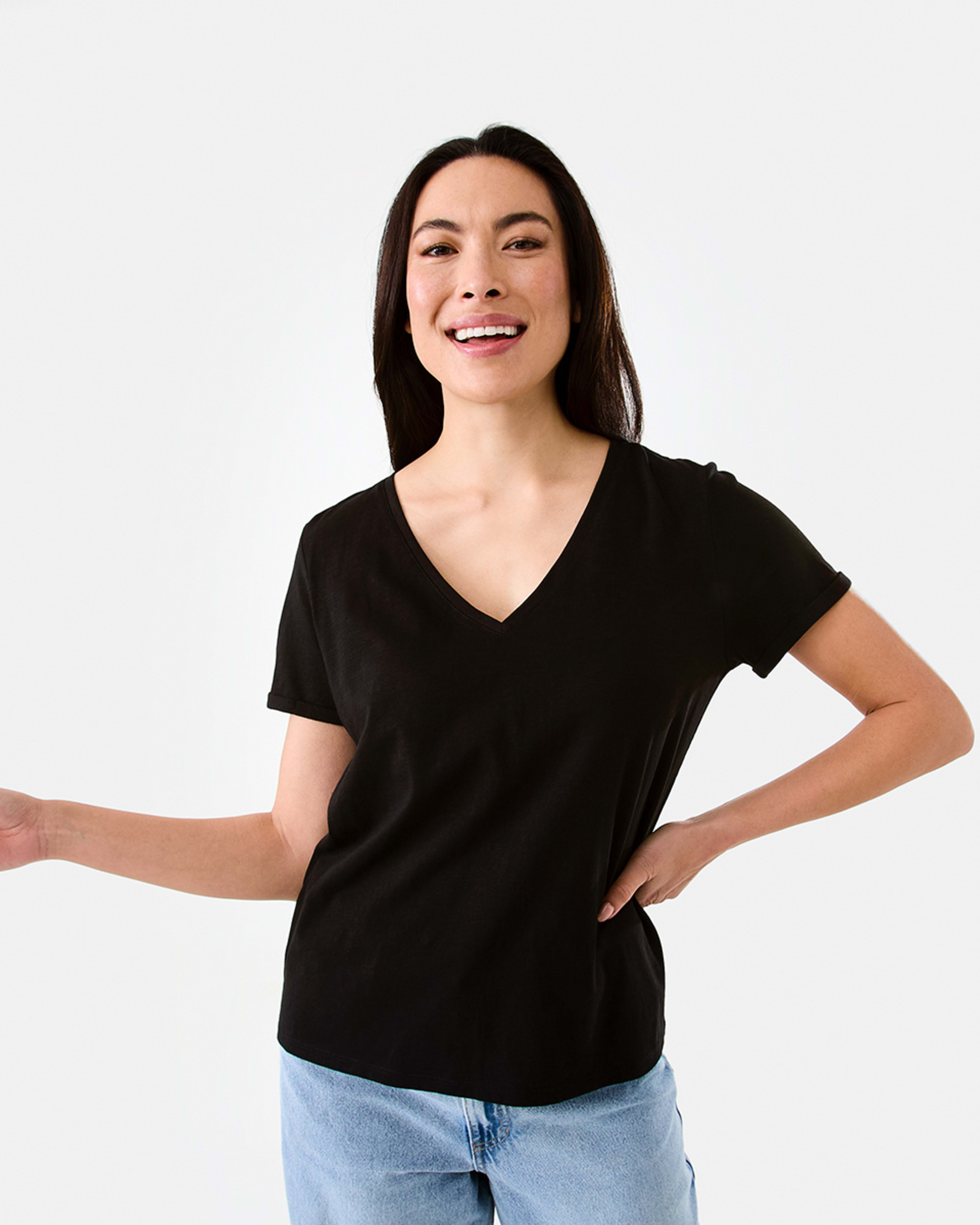 1 Short Sleeve Slub V-neck T-shirt Black