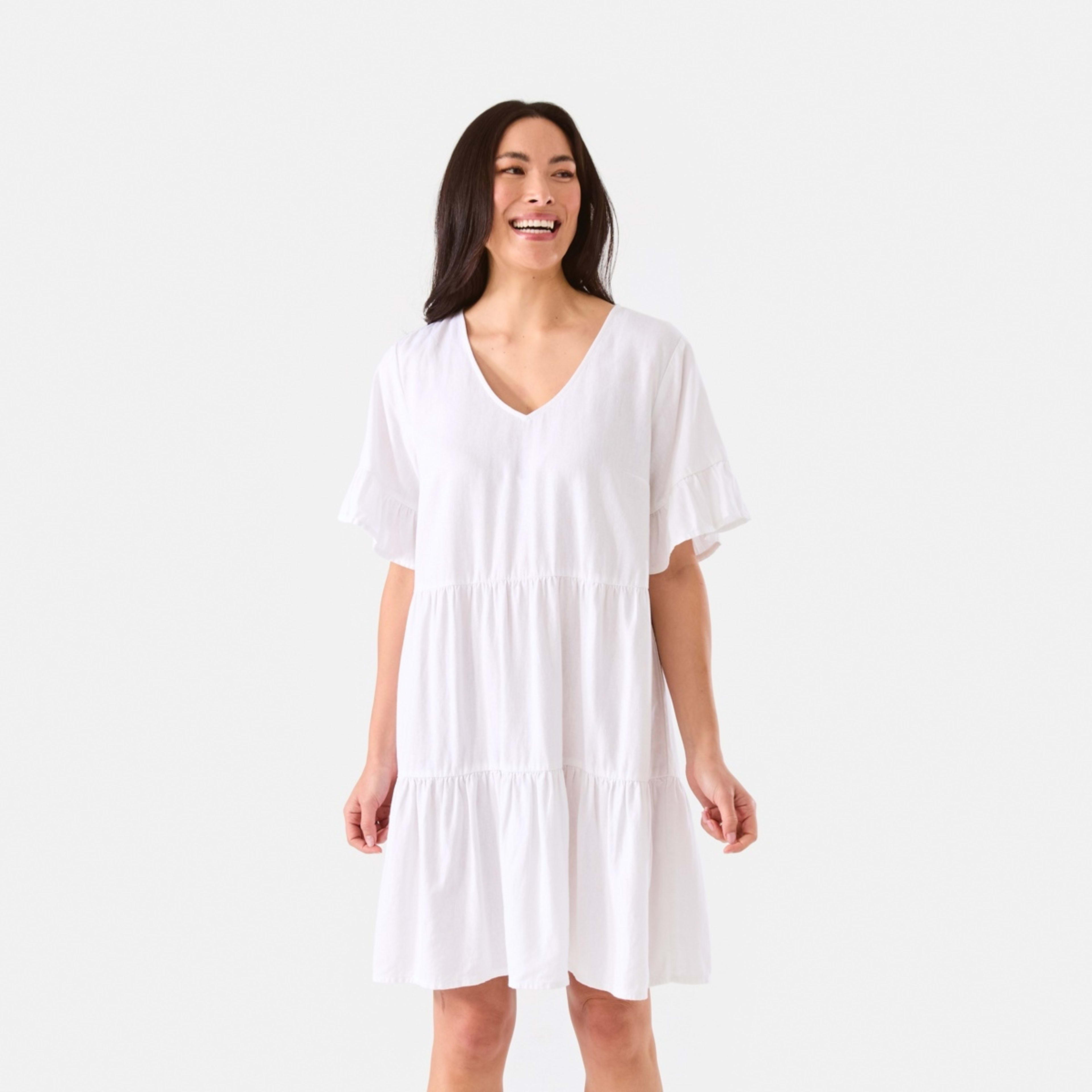 1 Short Sleeve Tiered Frill Mini Dress White, 1 of 8