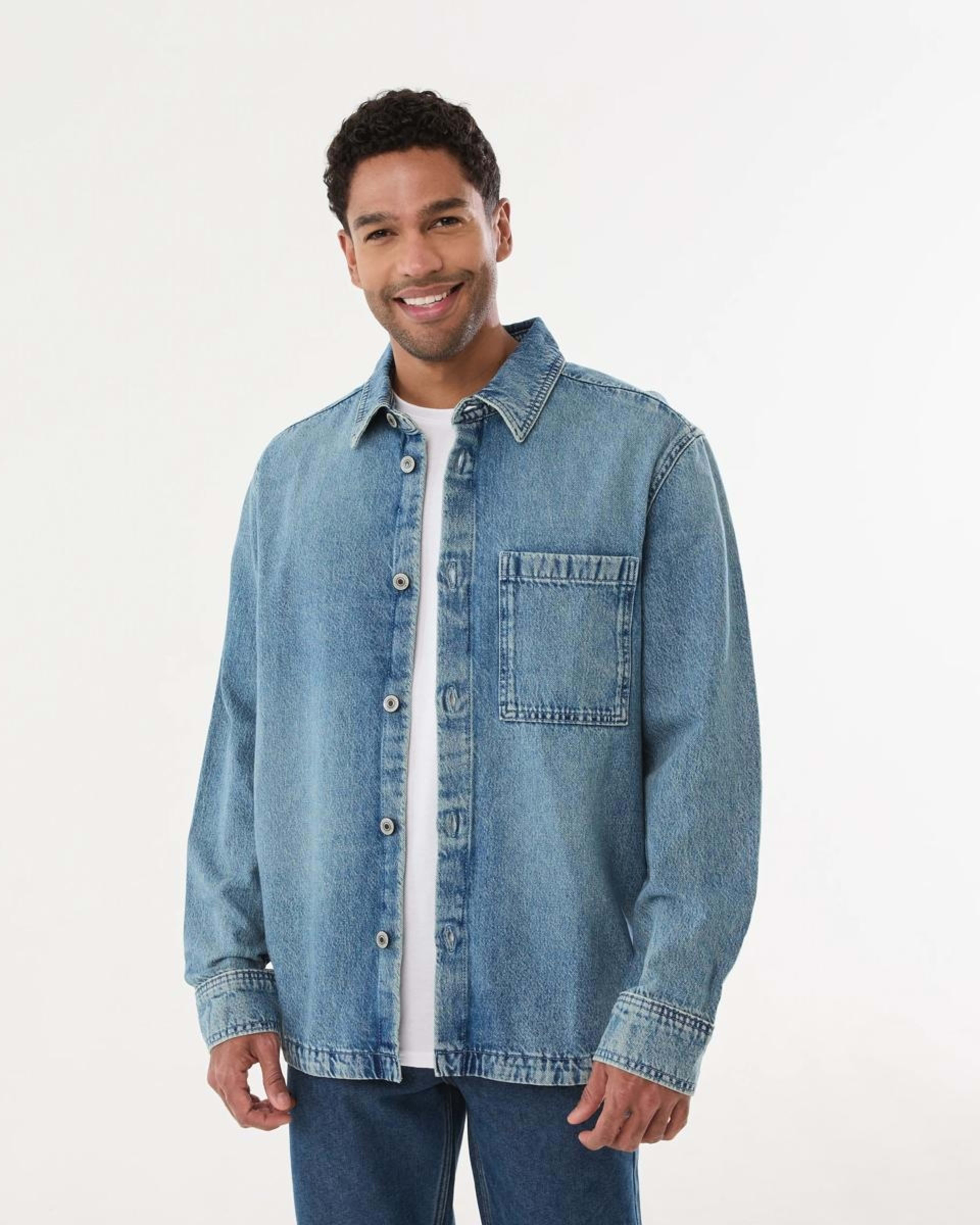 1 Long Sleeve Denim Overshirt MID DENIM WASH, 1 of 6