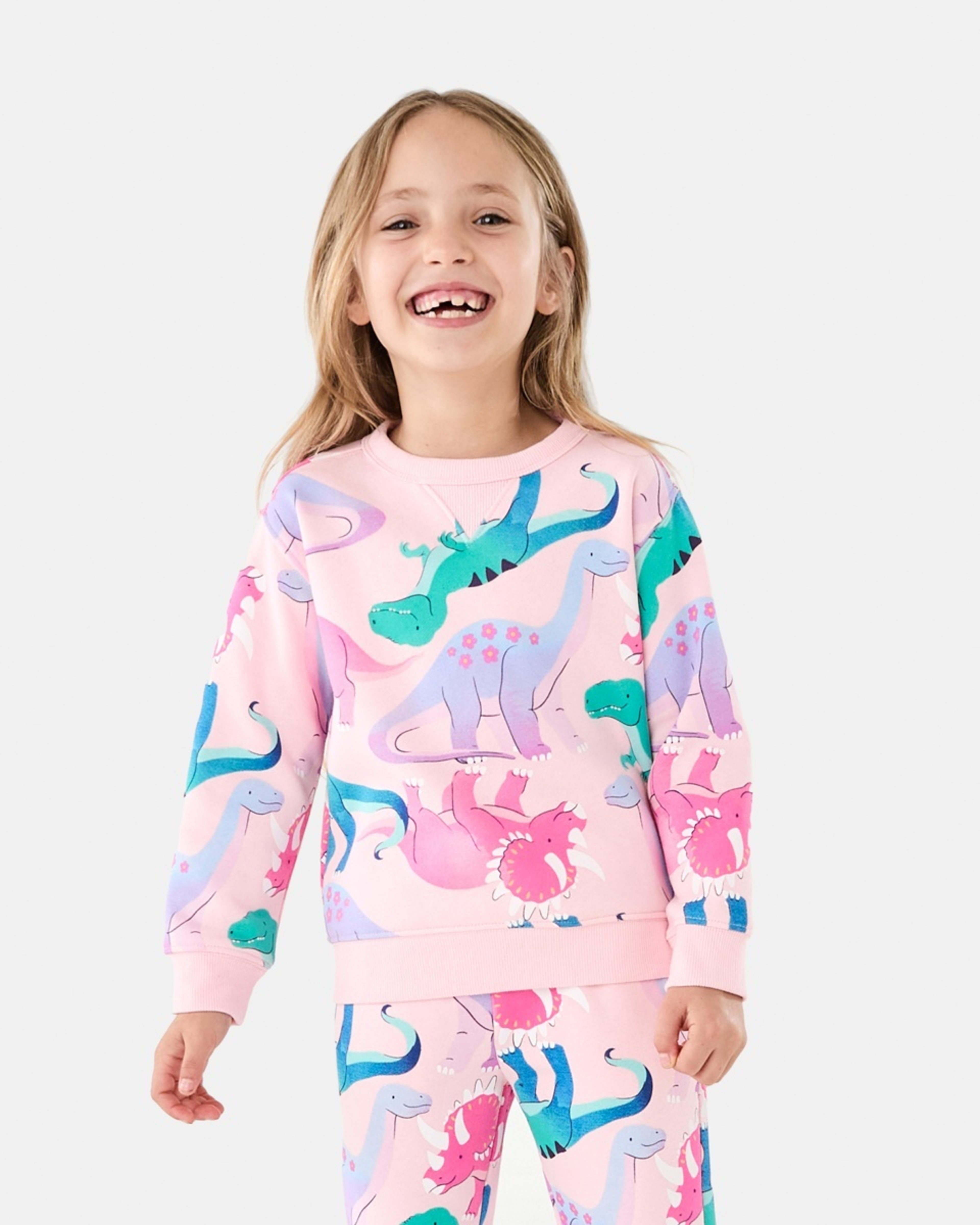 1 All Over Print Crew Neck Sweatshirt Joyful Dinos Fare Pink