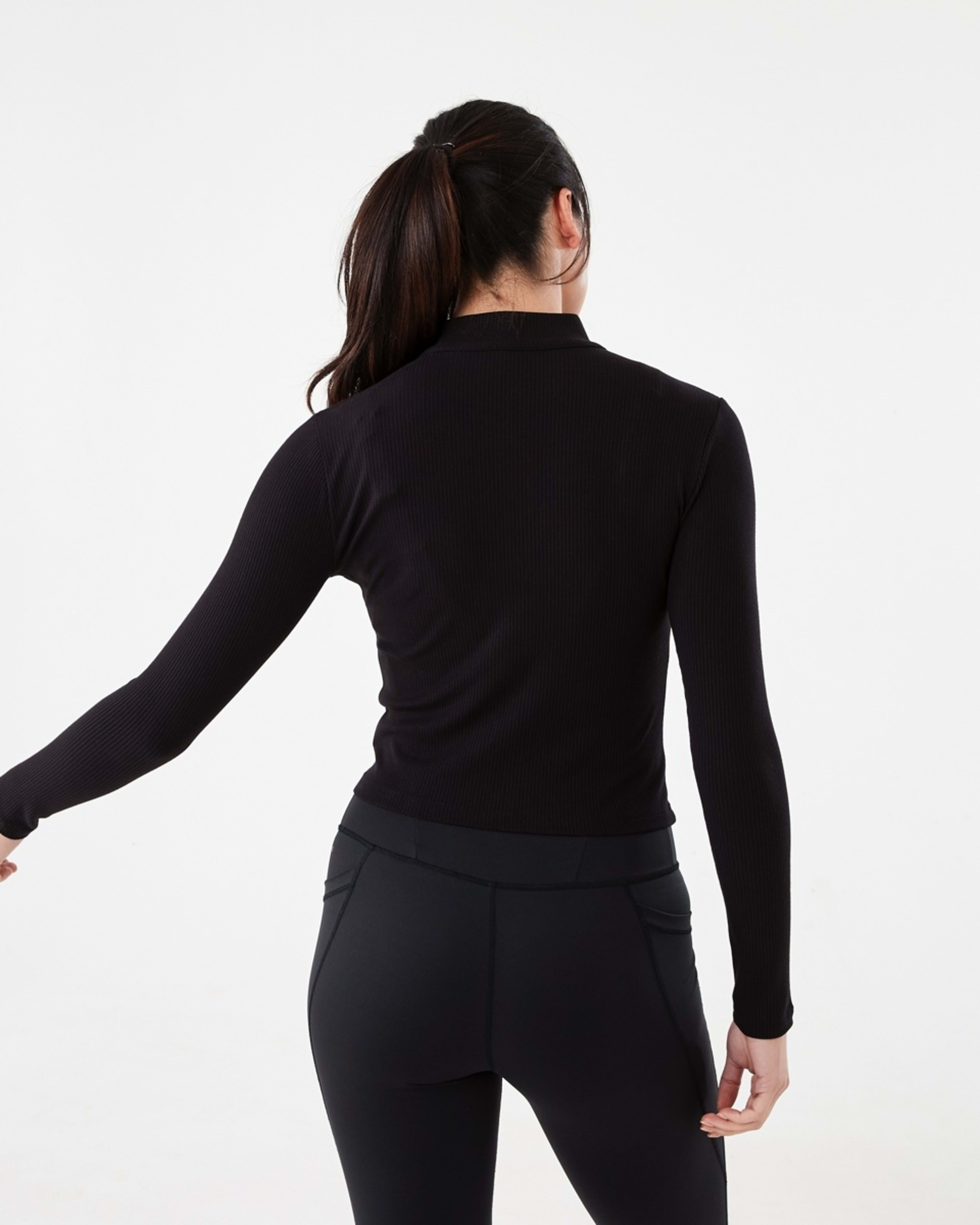 4 Active Womens Ribbed Zip Through Long Sleeve Top Black, 4 of 7