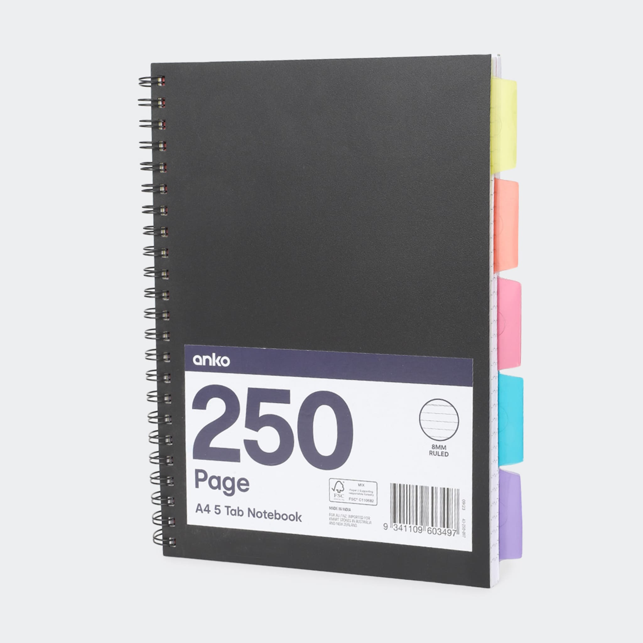 250 Page A4 5 Tab Notebook Black Kmart