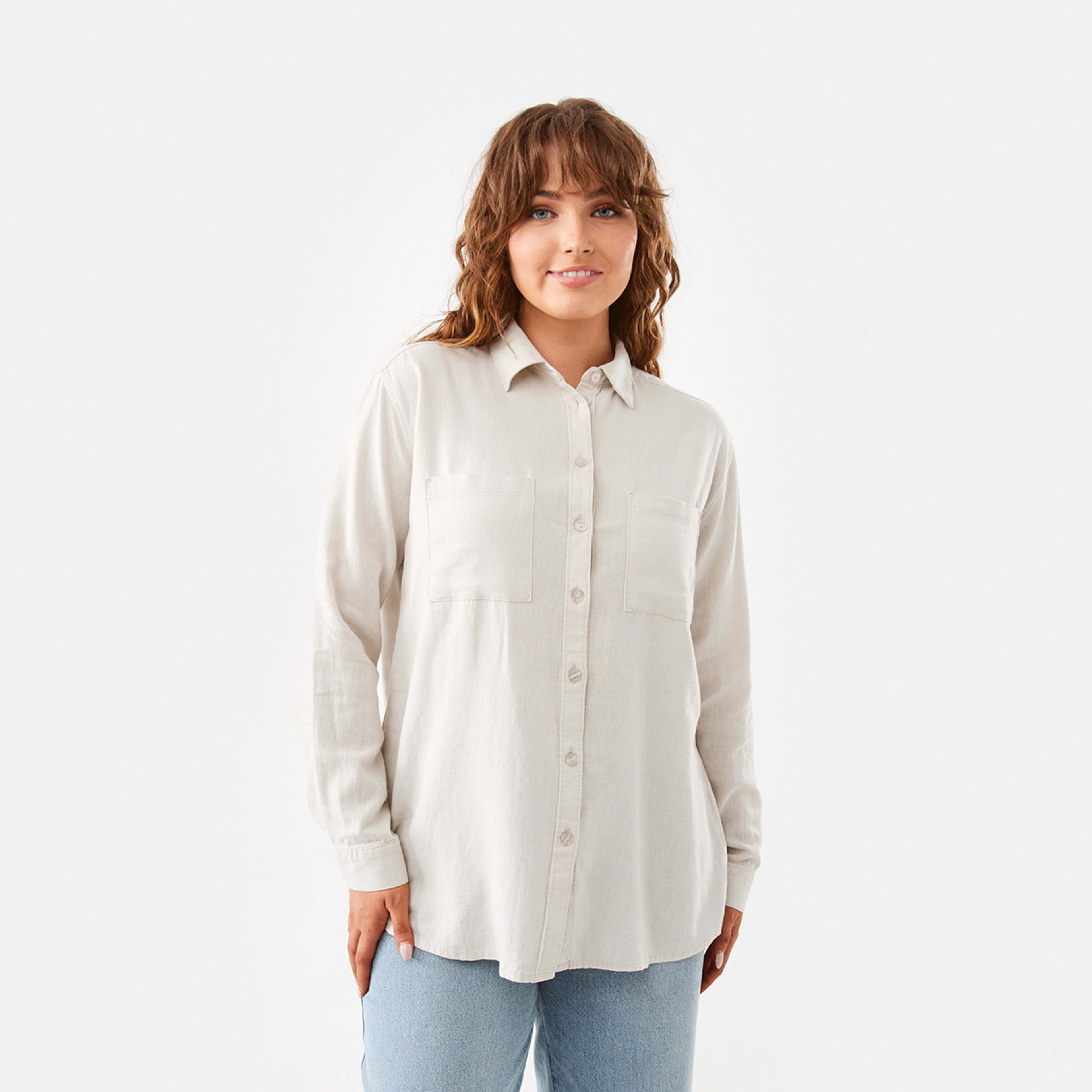 1 Long Sleeve Linen Blend Shirt Nat Beige, 1 of 7