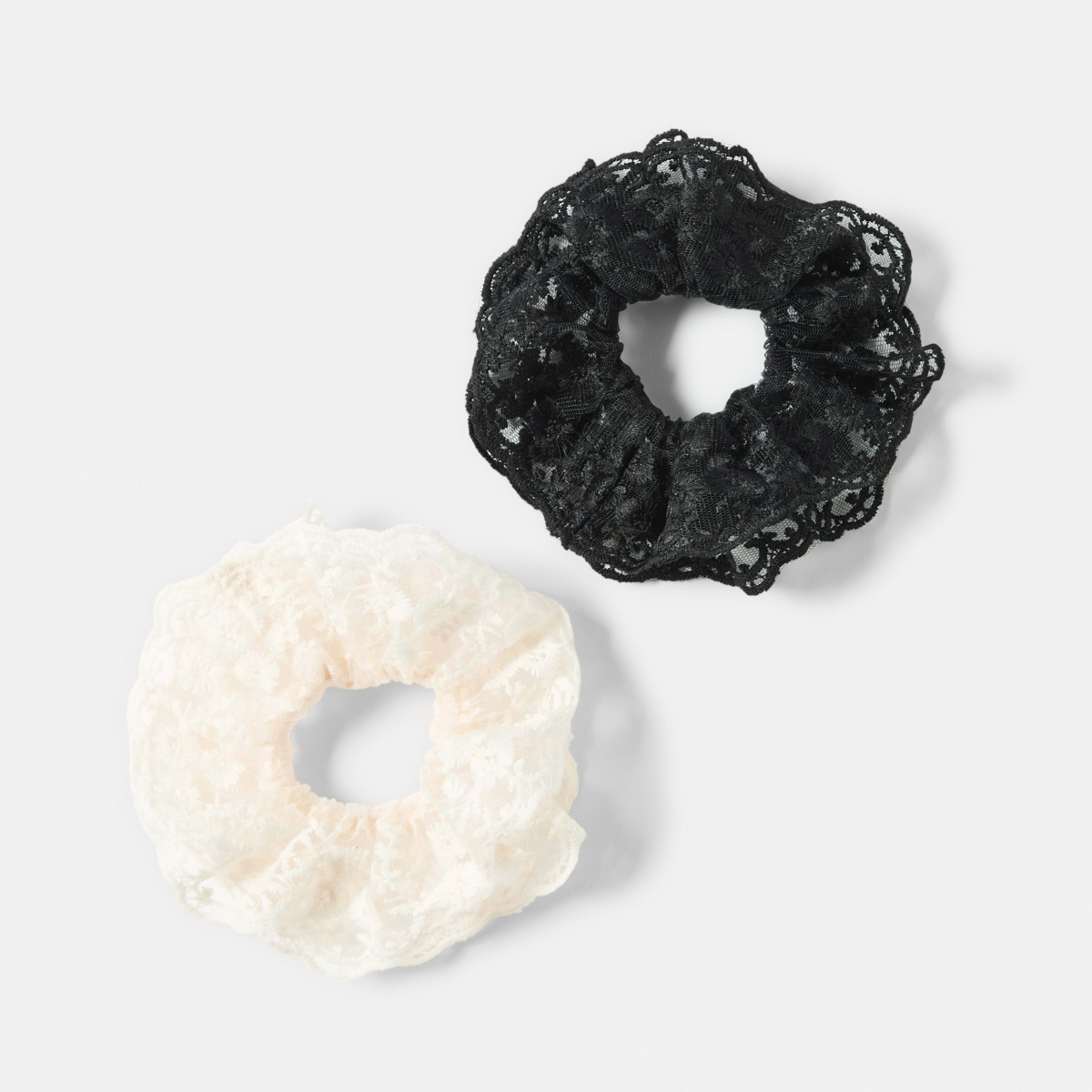1 2 Pack Frill Lace Hair Scrunchies - White and Black