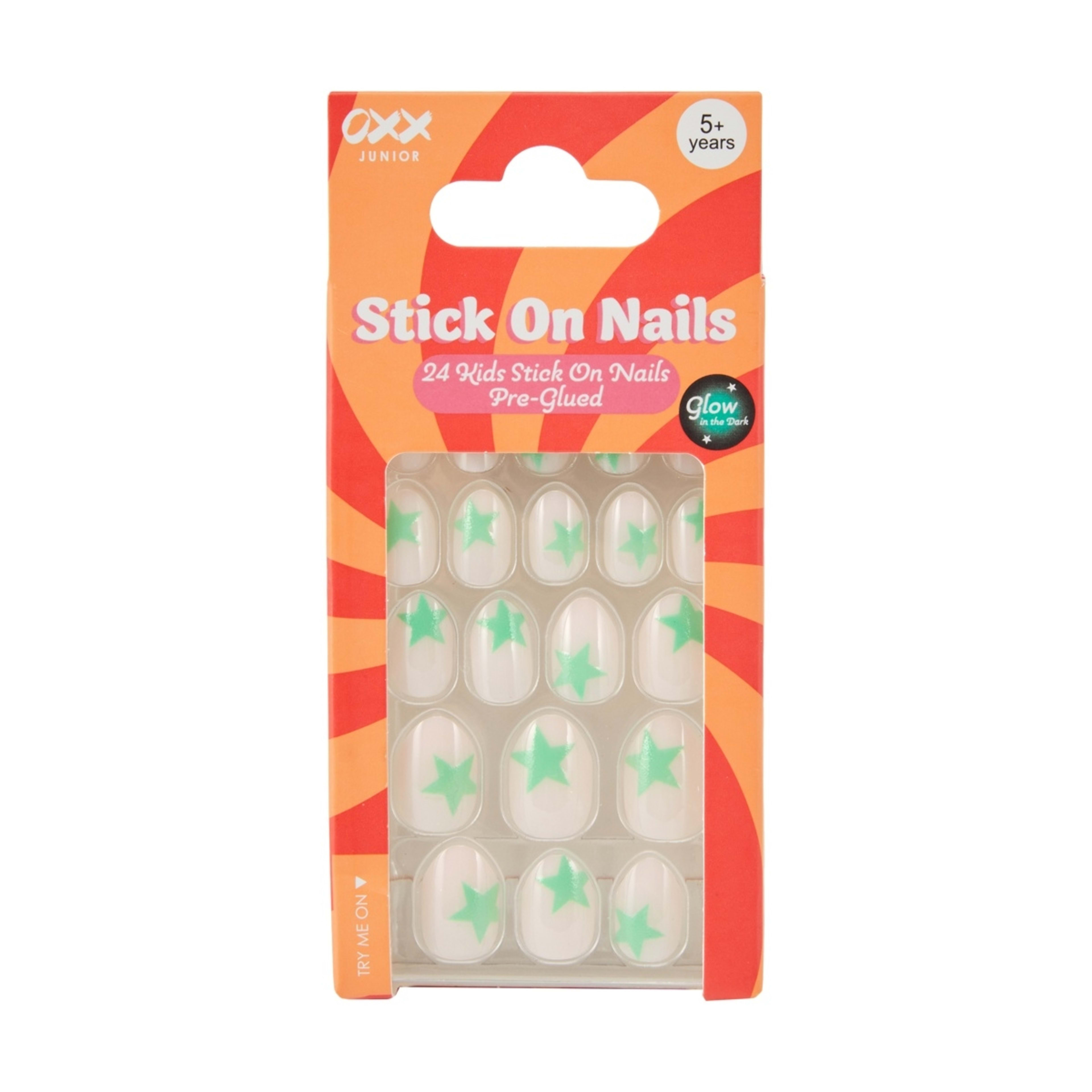 1 OXX Junior 24 Pack Kids Pre-Glued Stick-On Nails - Glow in the Dark