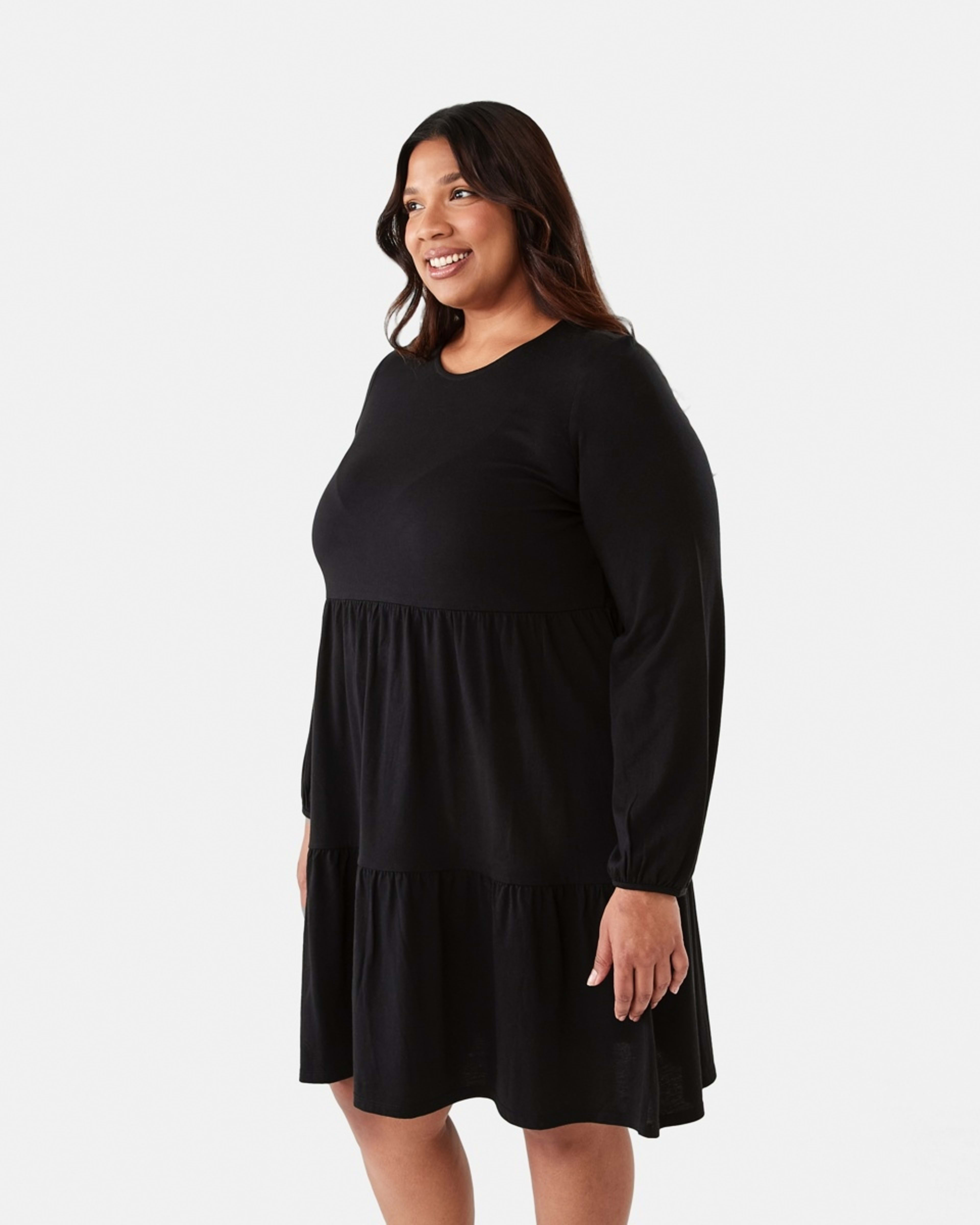 2 Curve Long Sleeve Frill Hem Dress Black, 2 of 7