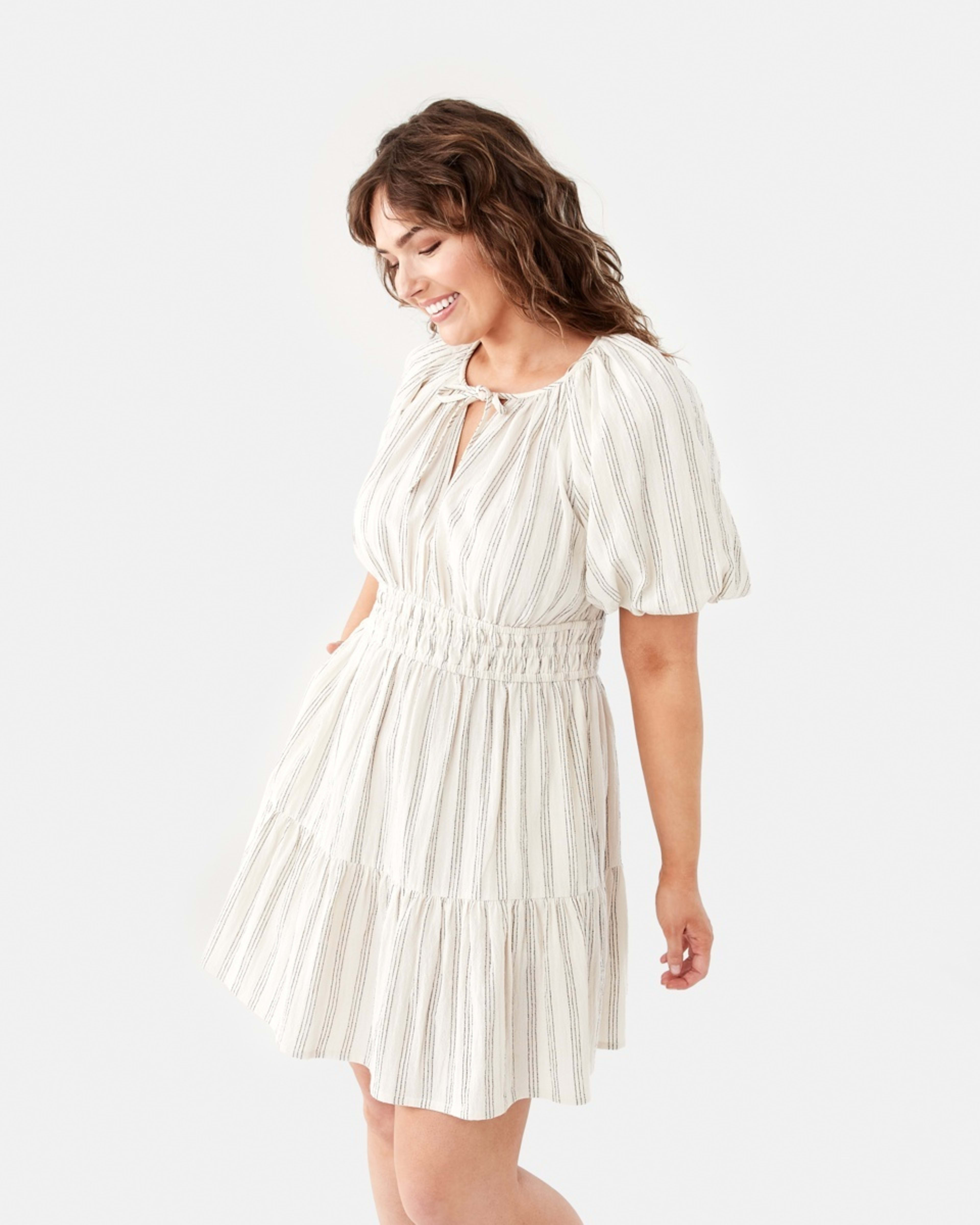 3 Short Sleeve Shirred Waist Mini Dress TRIPPLE STRIPE NATURAL BEIGE, 3 of 11