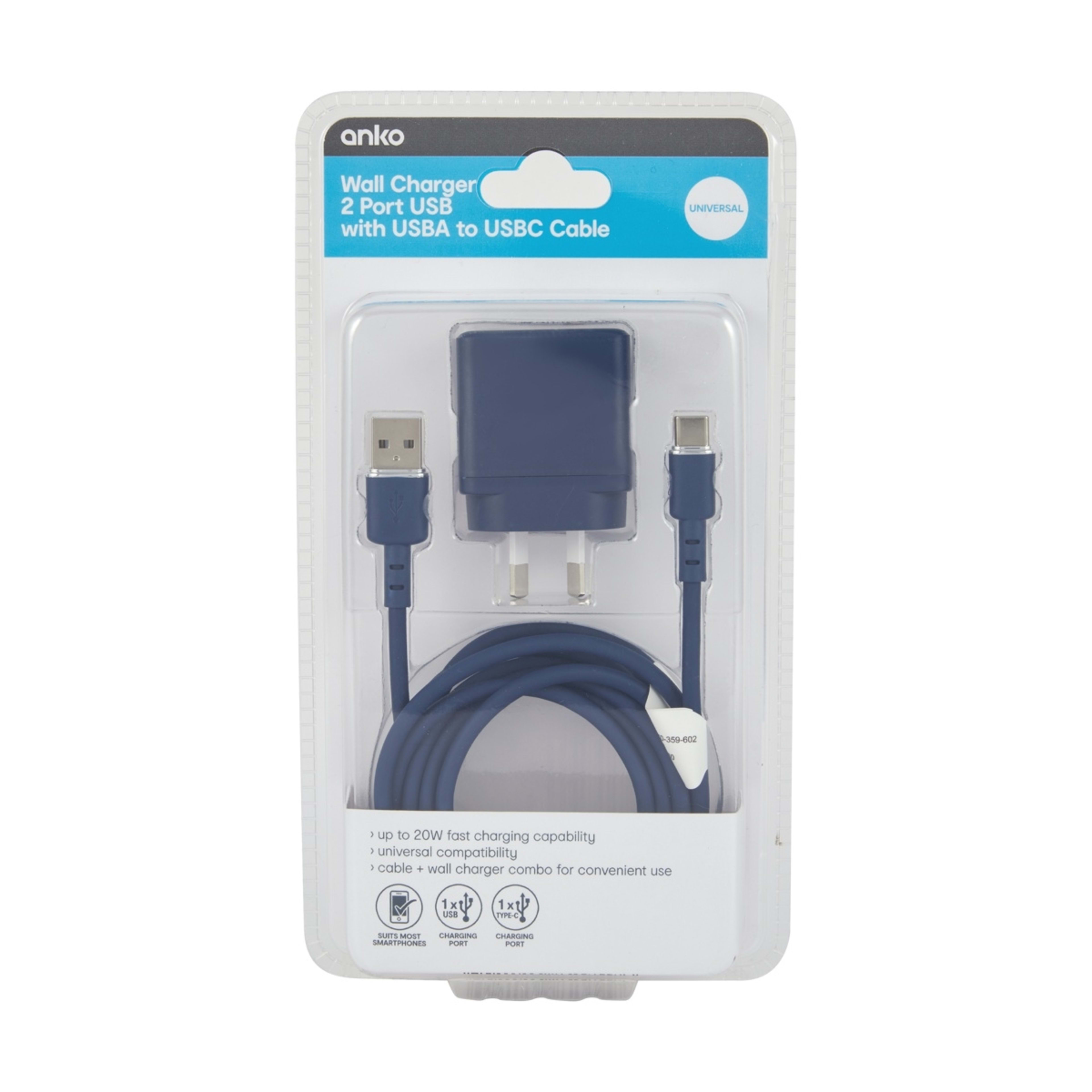 6 Wall USB Charger with USB-A to USB-C Cable - Blue, 6 of 7