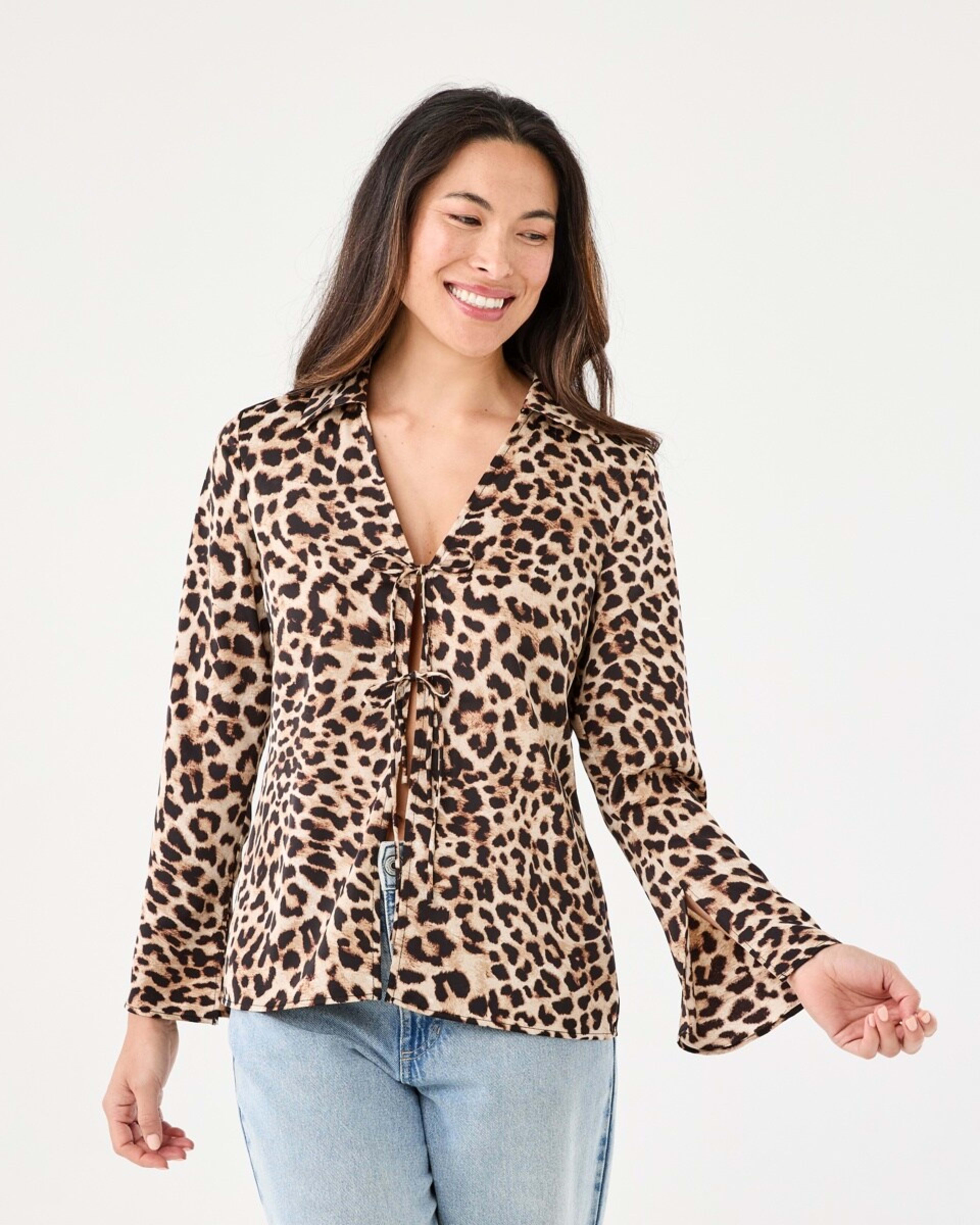 1 Long Sleeve Satin Tie Front Top Brwn Leo