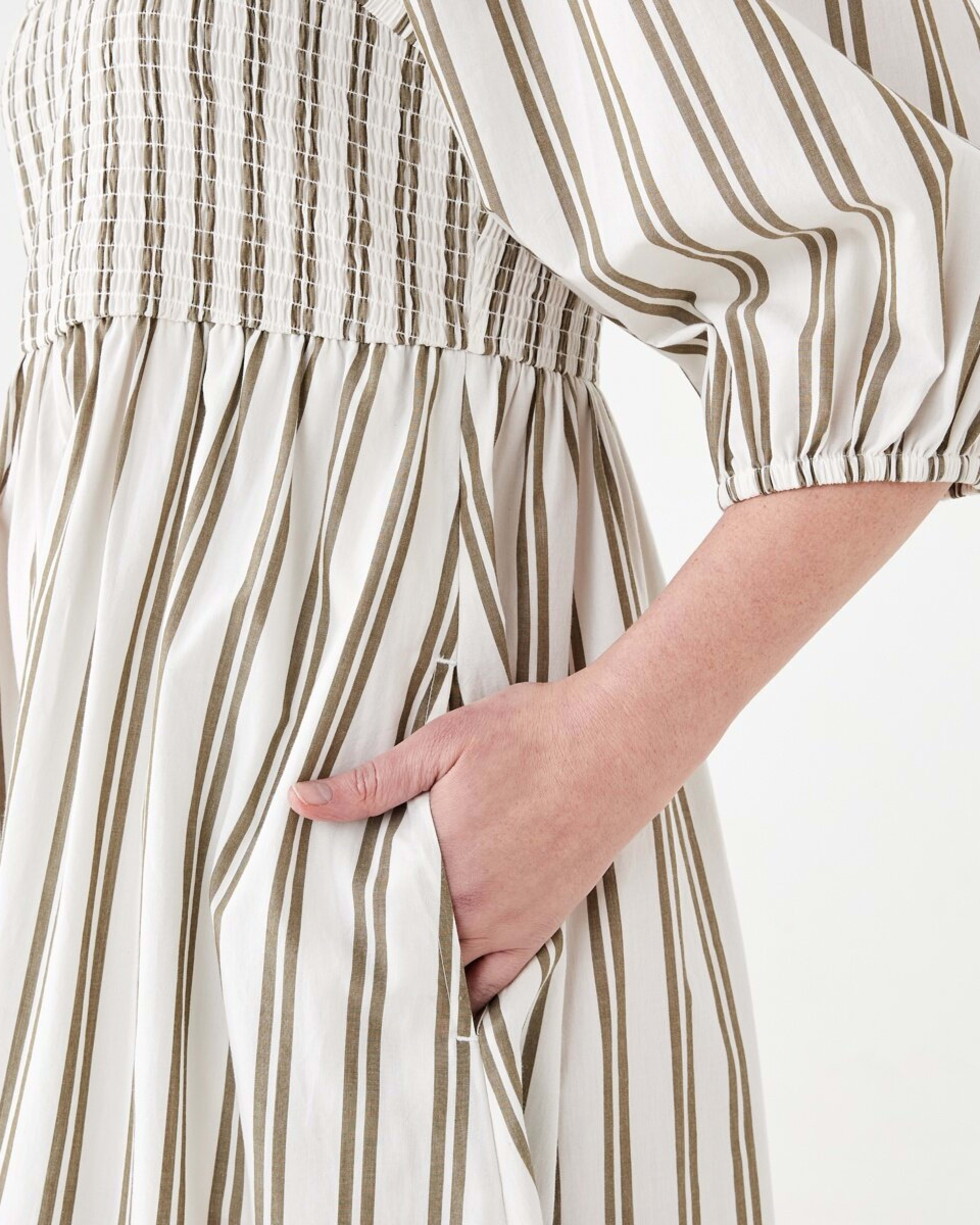 6 Short Sleeve Shirred Bodice Midi Dress TAYLOR STRIPE BURNT OLIVE, 6 of 6