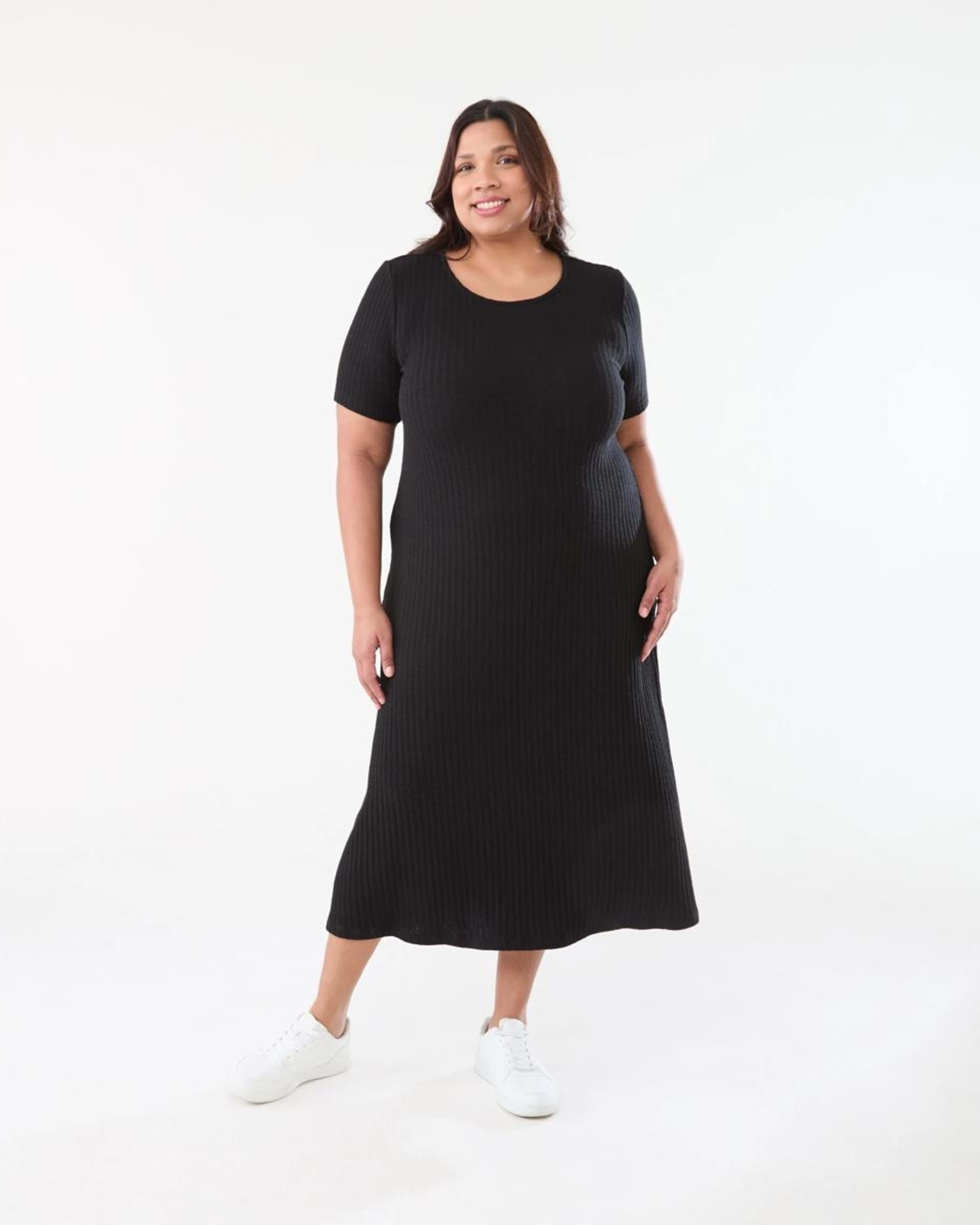 1 Curve Short Sleeve Ribbed Midi Dress BLACK