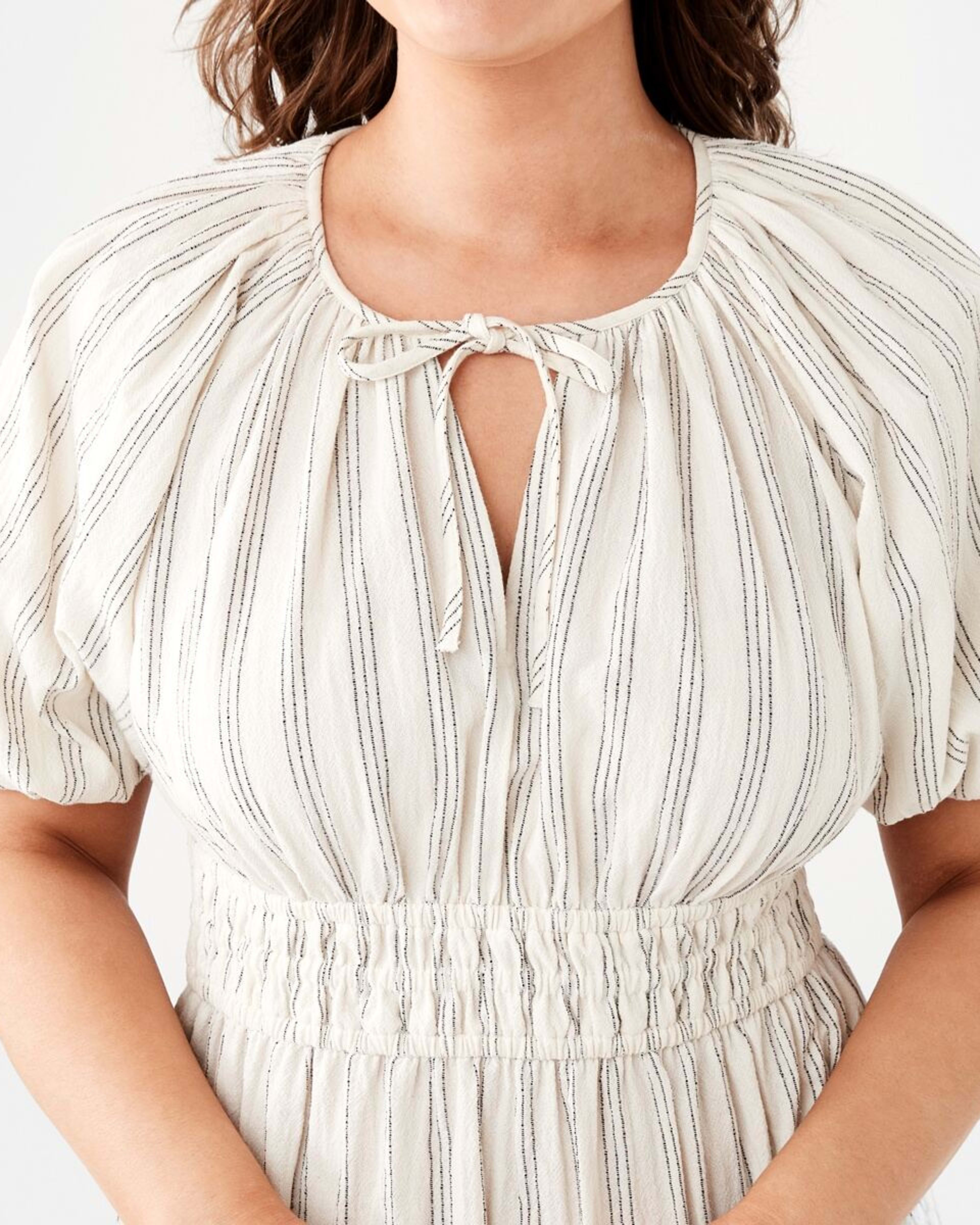 6 Short Sleeve Shirred Waist Mini Dress TRIPPLE STRIPE NATURAL BEIGE, 6 of 11