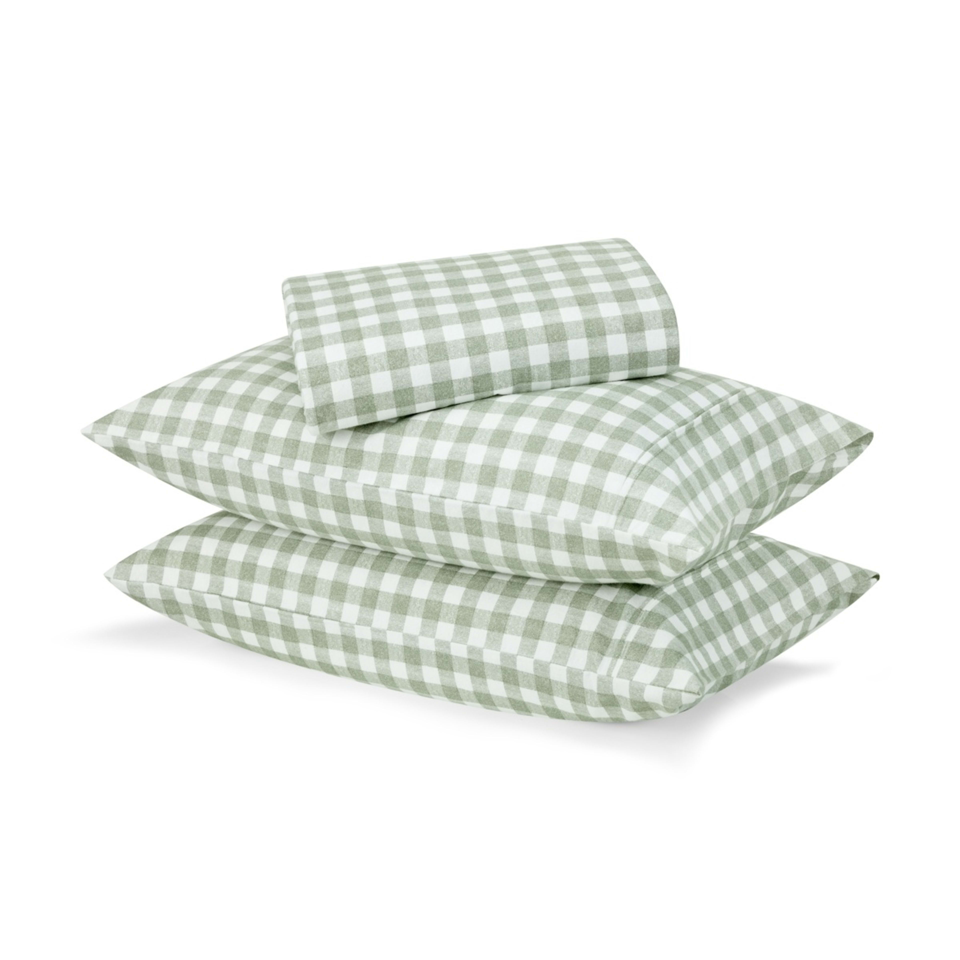 1 Gingham Flannelette Cotton Sheet Set - Queen Bed, Green, 1 of 8