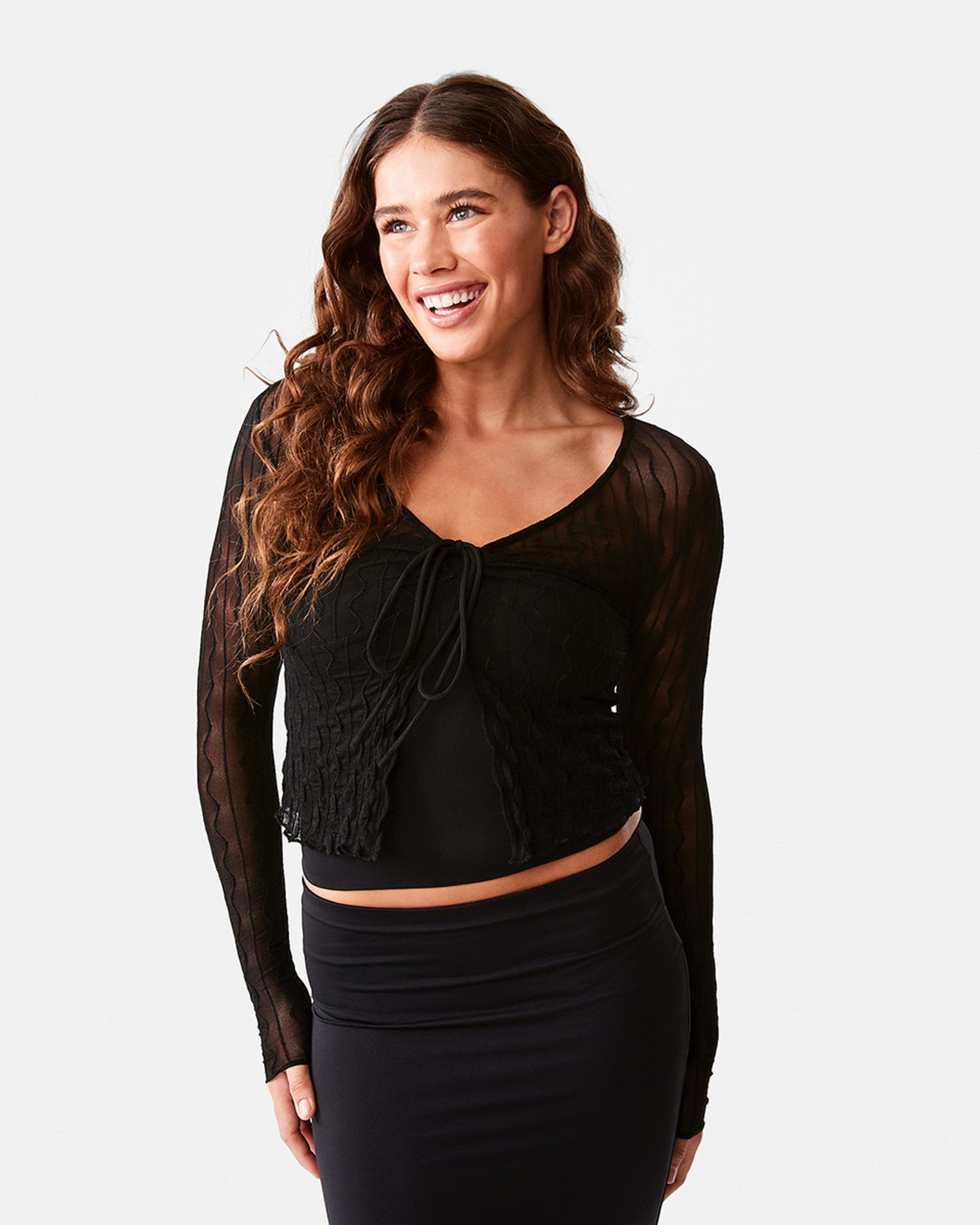 Long Sleeve Textured Tie Front Top Kmart