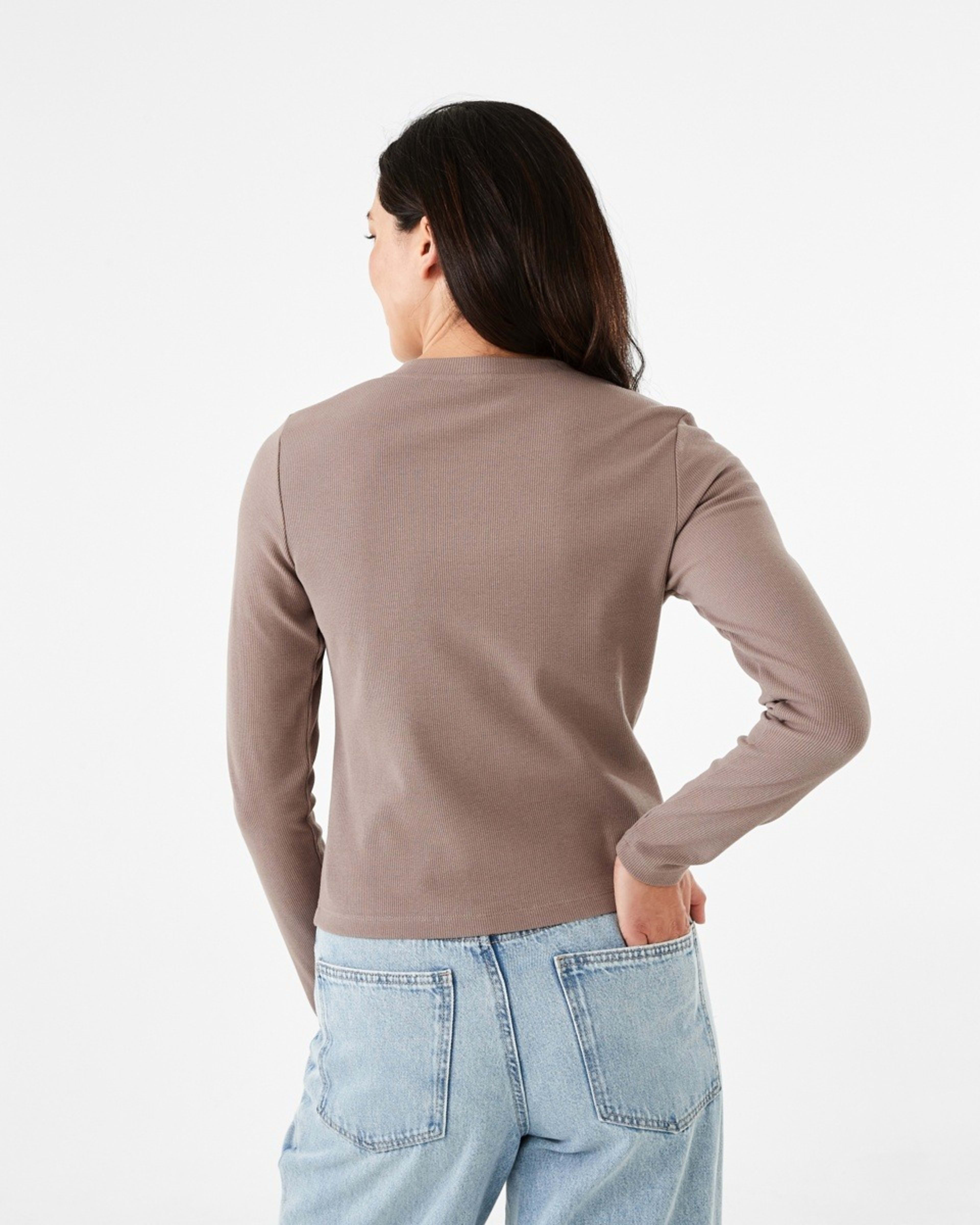 3 Long Sleeve Rib Button Front Top Taupe Brn, 3 of 6