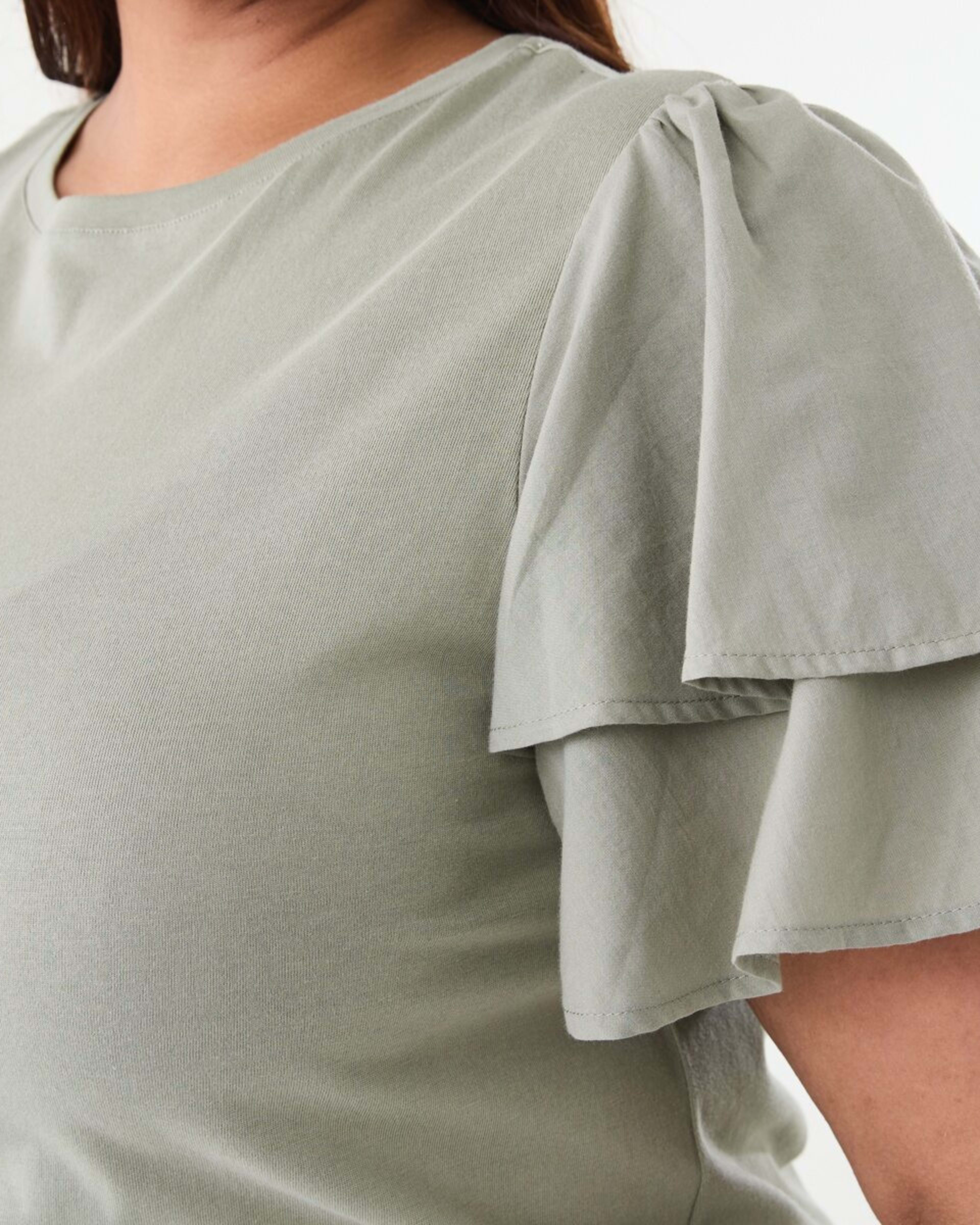 5 Curve Short Woven Sleeve Knit Top Soft Khaki, 5 of 6