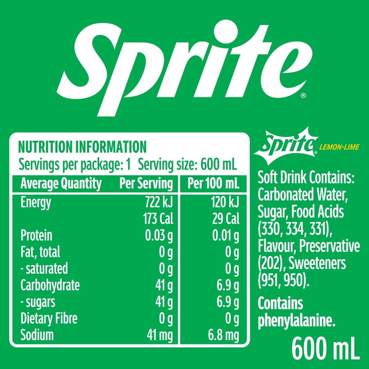 Sprite Lemonade Soft Drink 600ml Kmart
